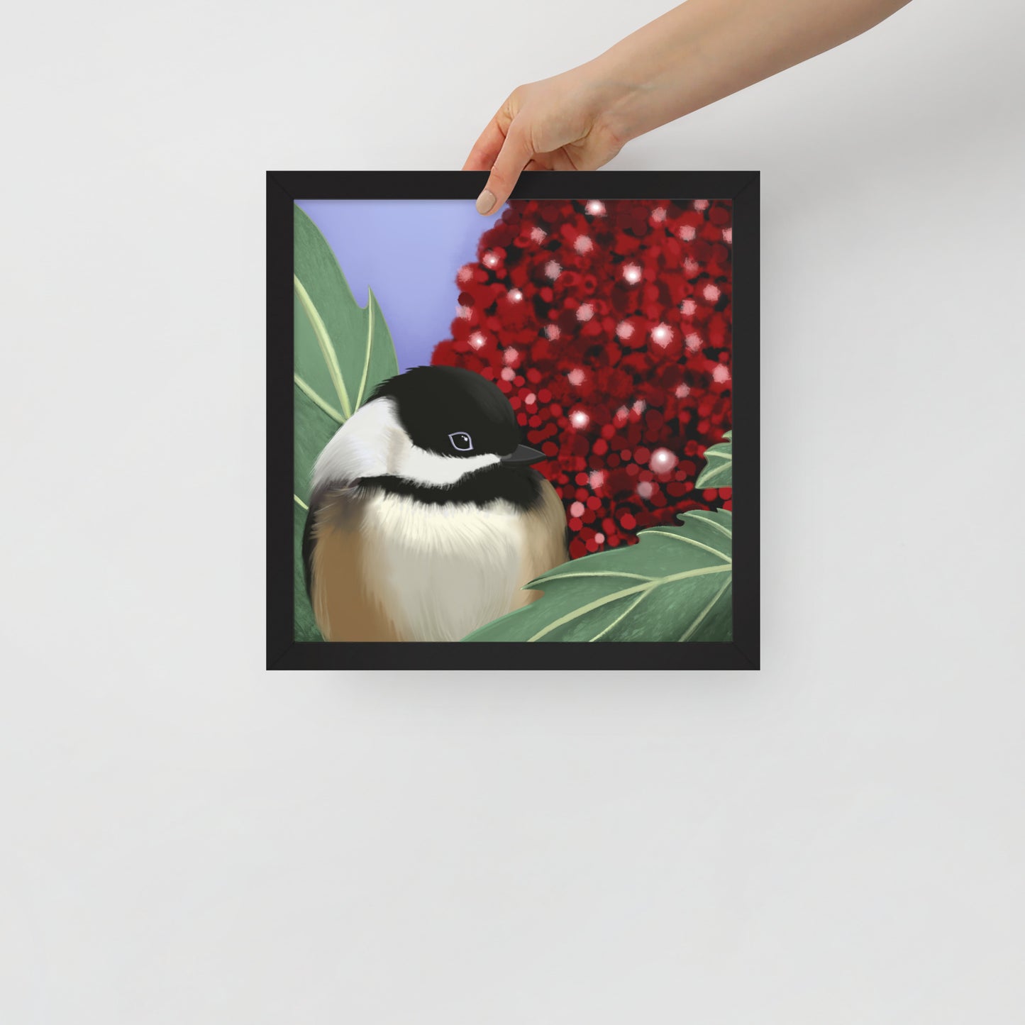Chickadee & Sumac Tree Wall Art | Hand-Painted Bird Print | Nature Home Décor