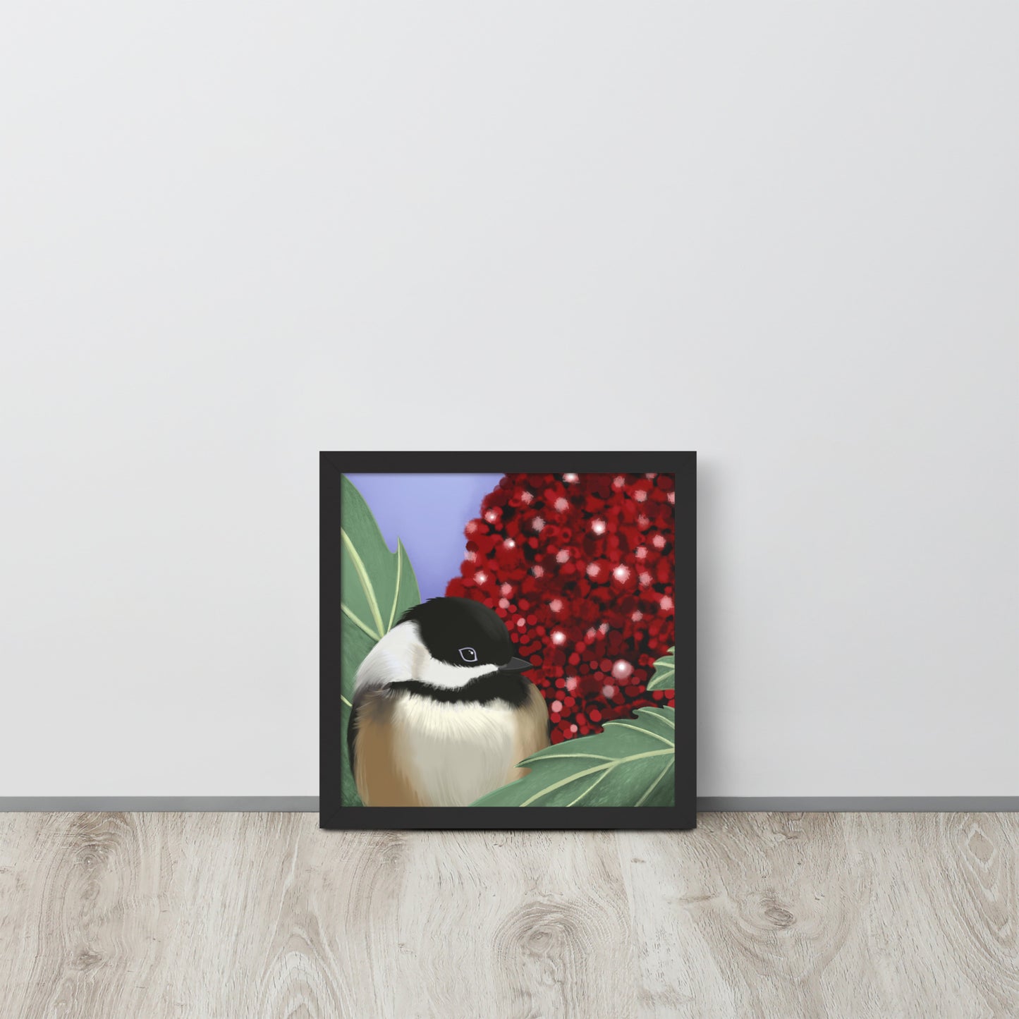 Chickadee & Sumac Tree Wall Art | Hand-Painted Bird Print | Nature Home Décor