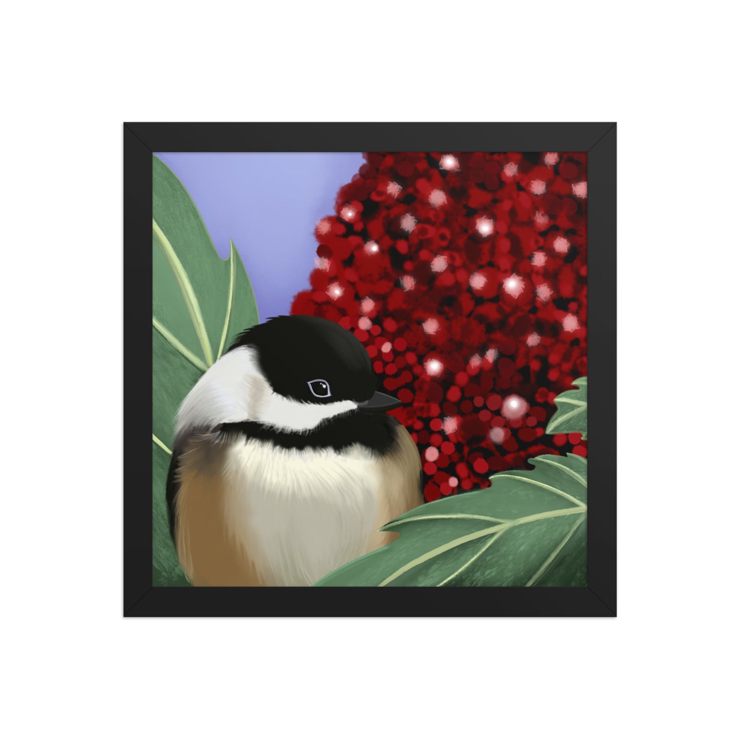 Chickadee & Sumac Tree Wall Art | Hand-Painted Bird Print | Nature Home Décor