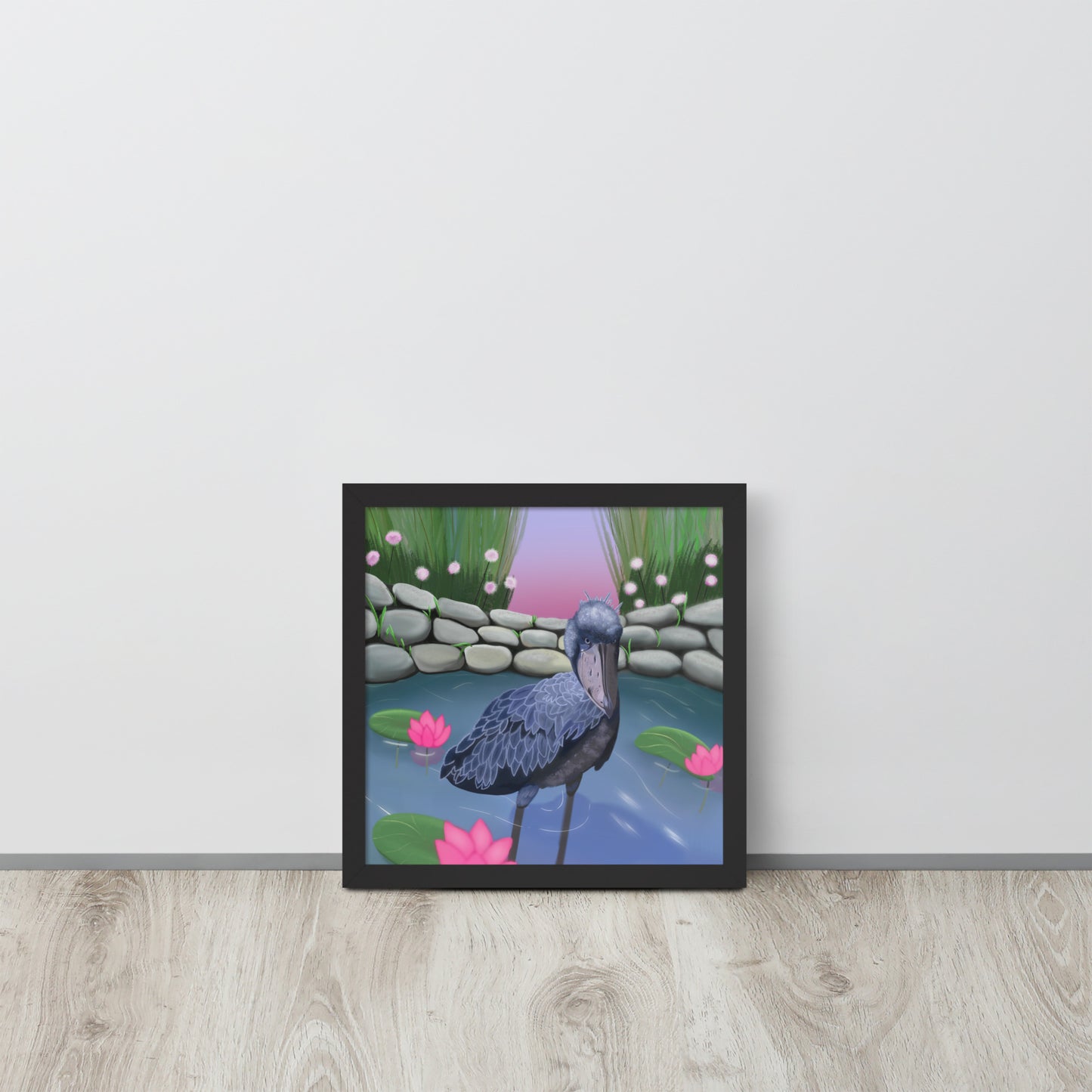 Shoebill Stork Wall Art | Hand-Painted Bird in Lotus Pond