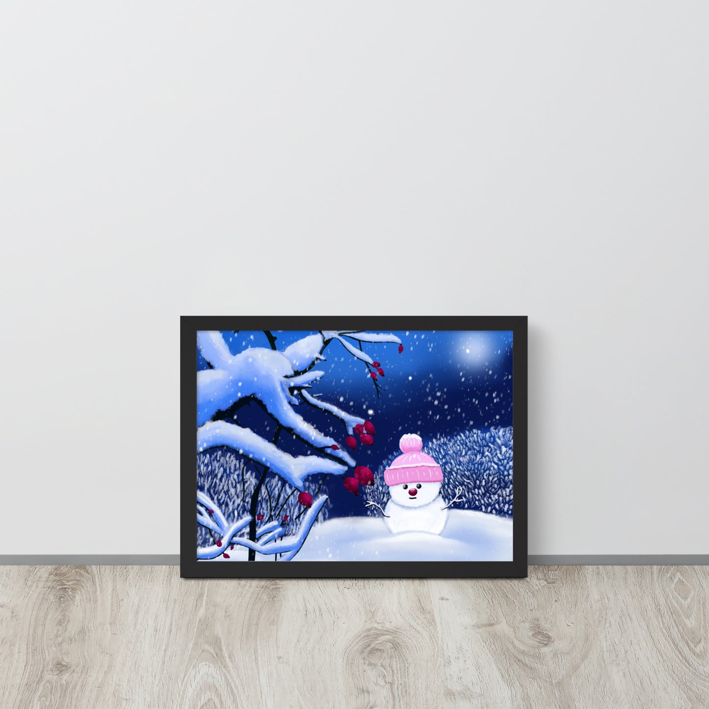 Snowman Winter Night Art Print: Whimsical Holiday Decor