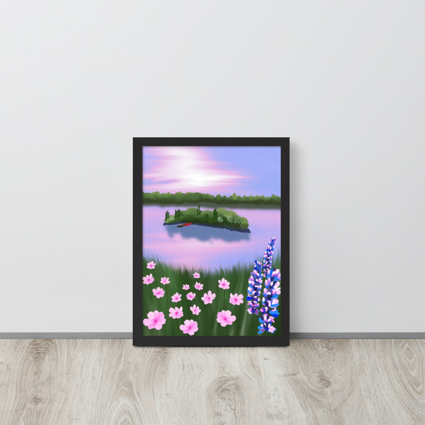 Red Canoe at Sunset – Lake Landscape Wall Art Print