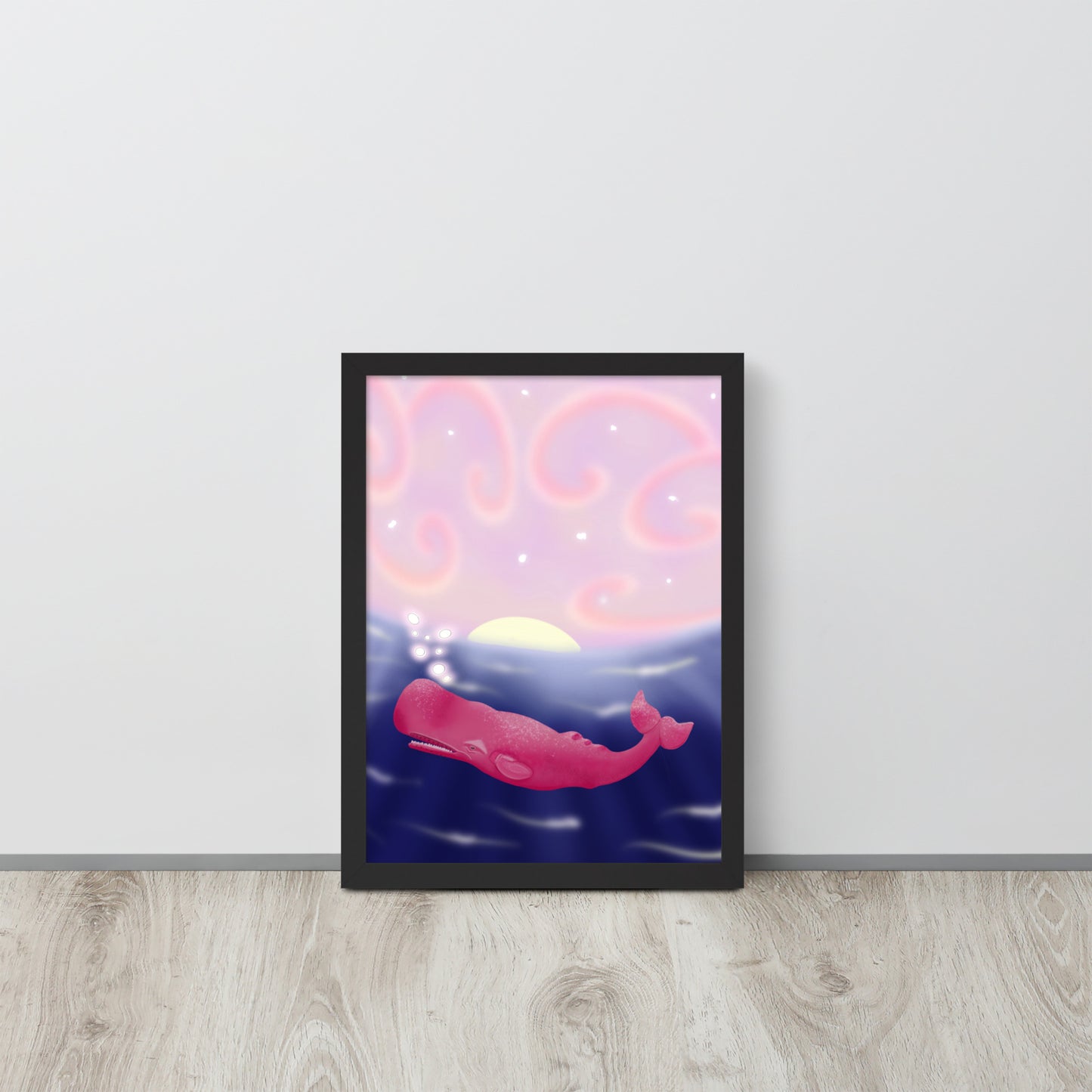 Pink Whale at Sunset Wall Art | Hand-Painted Ocean Print – Framed or Unframed