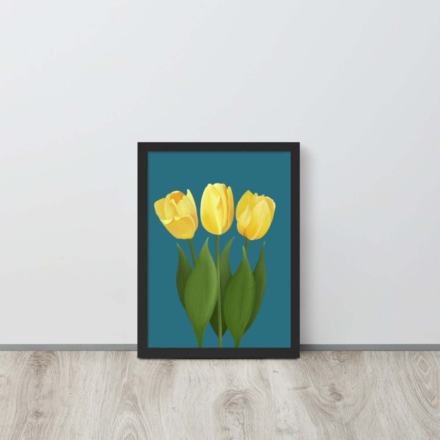 Yellow Tulip Floral Wall Art Print | Hand-Painted Botanical Decor on Teal