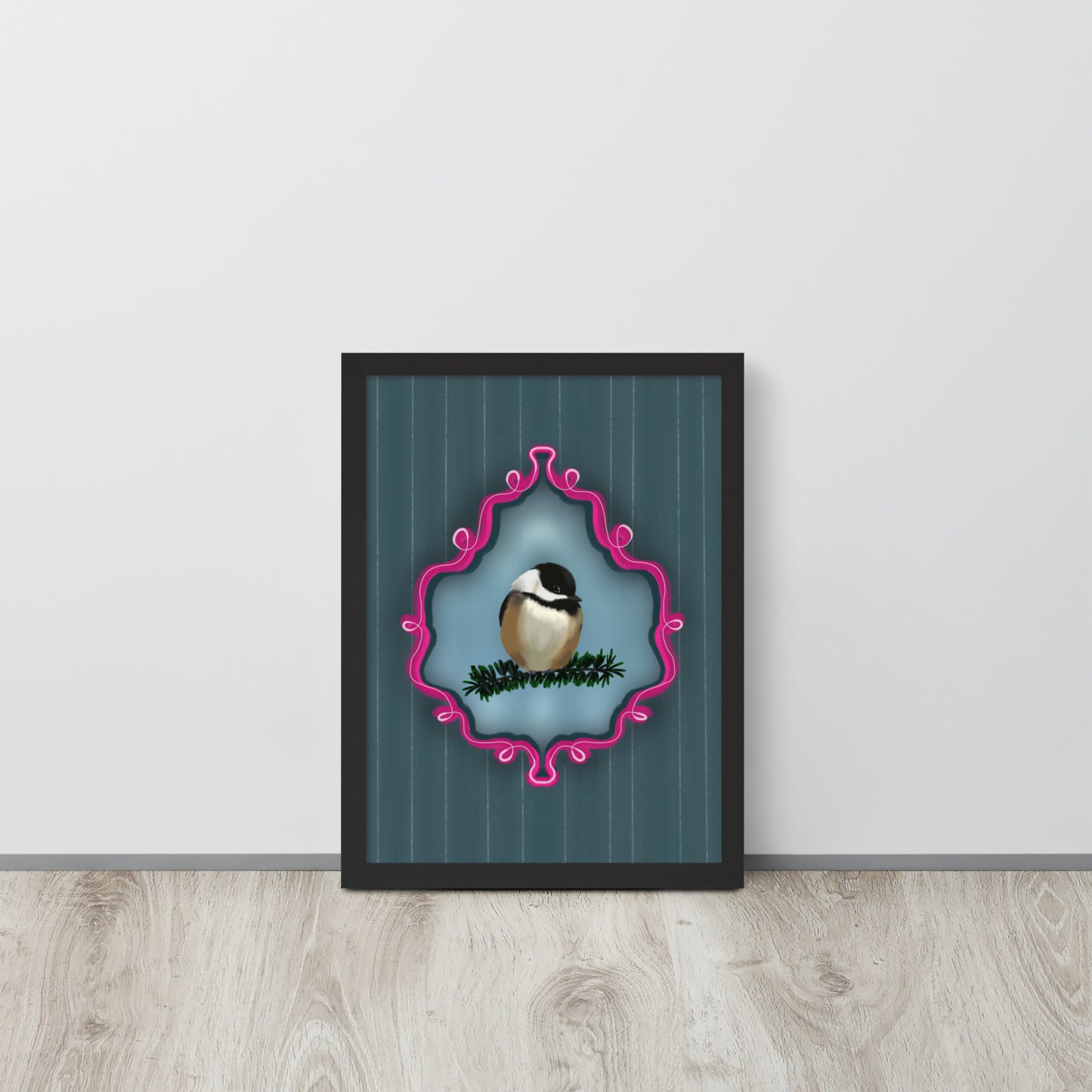 Chickadee on Pine Branch Wall Art | Whimsical Bird Print | Dark Blue Pinstripe