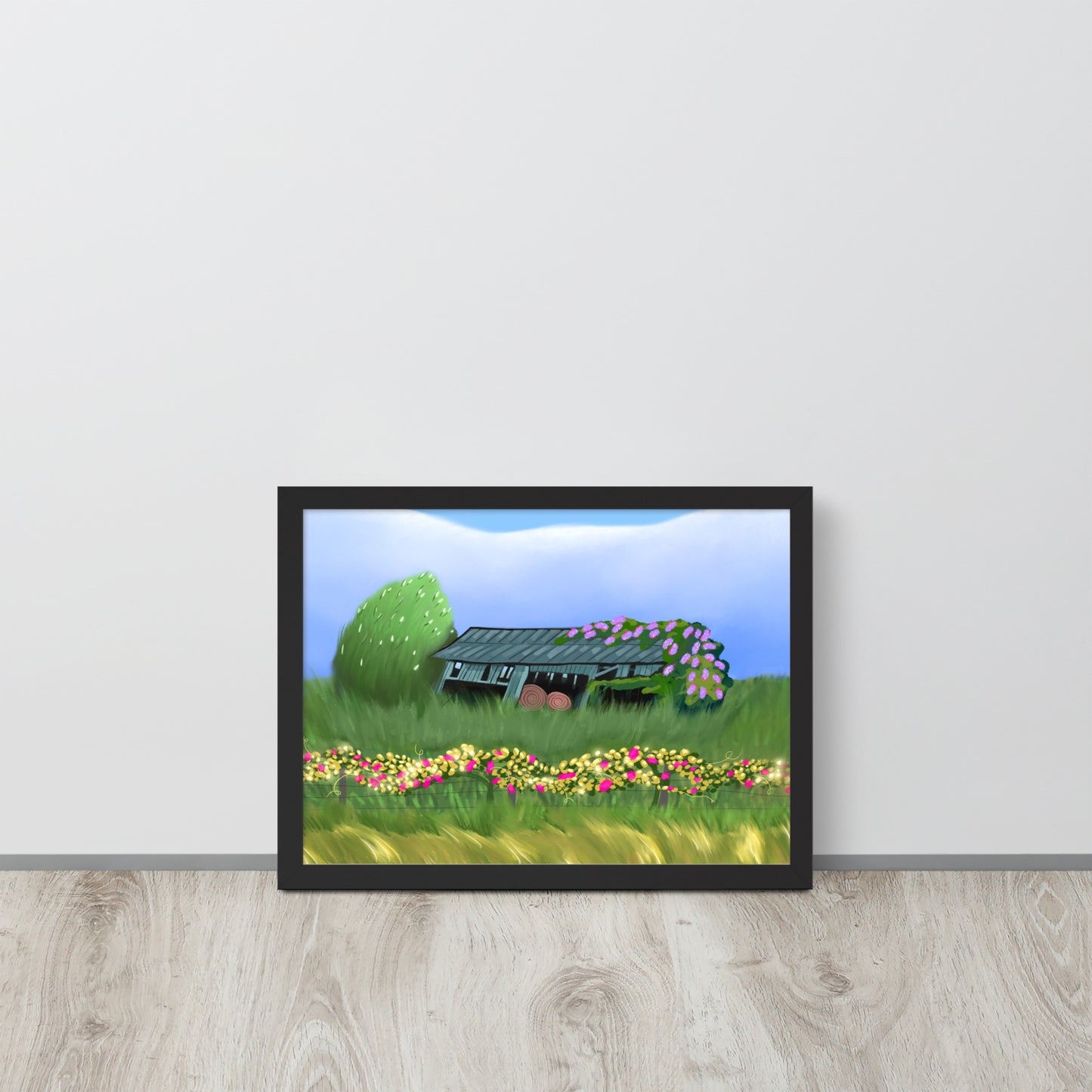 Countryside Barn & Lilac Florals Wall Art Print | Rustic Landscape Poster