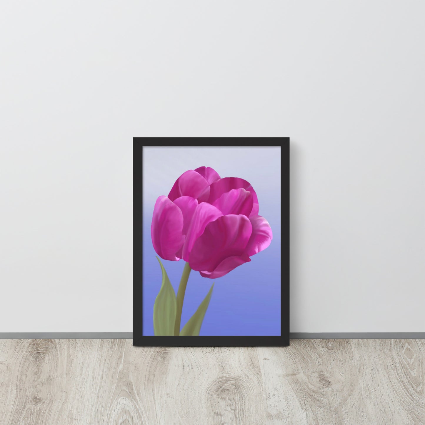 Fuchsia Tulip Wall Art | Hand-Painted Botanical Print on Blue