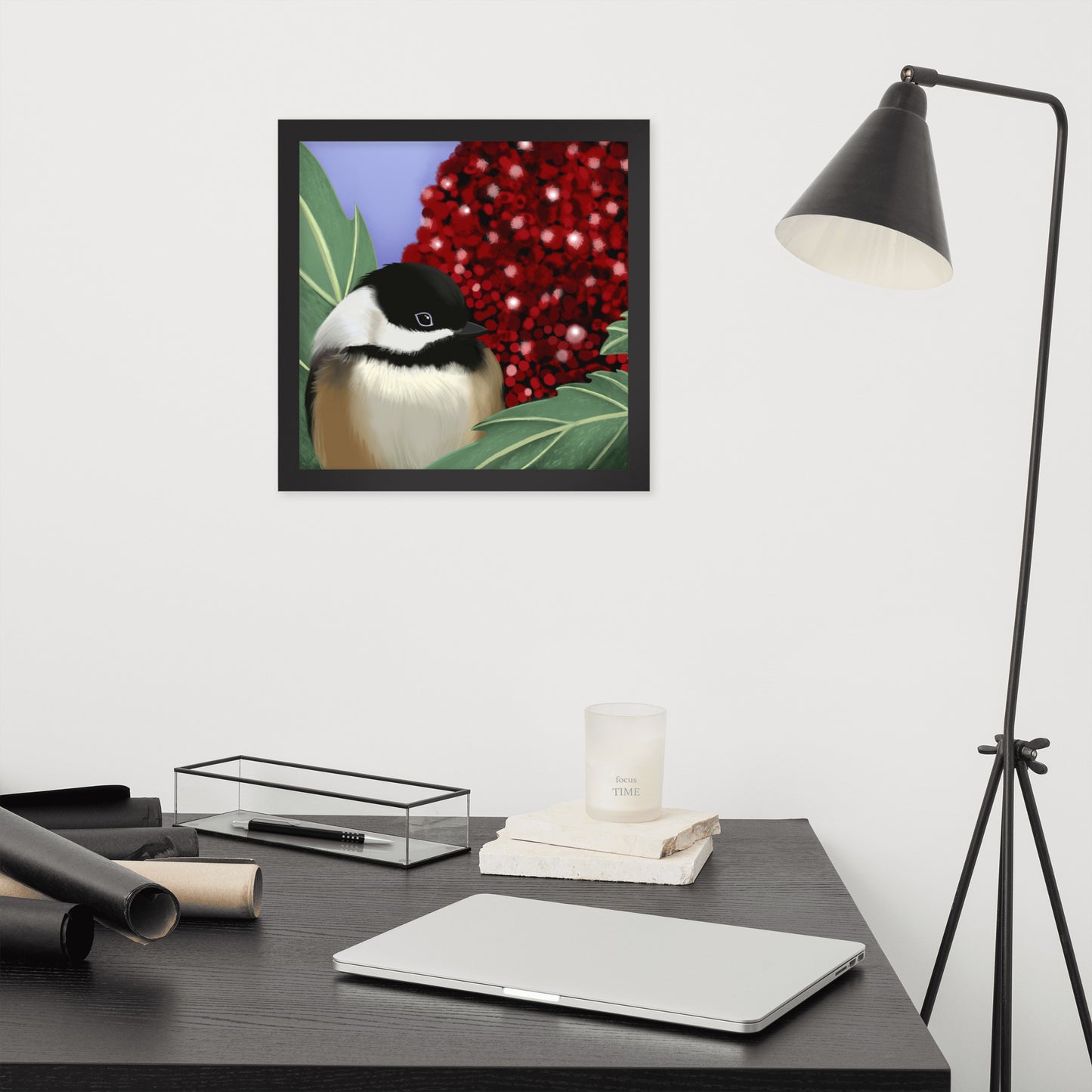 Chickadee & Sumac Tree Wall Art | Hand-Painted Bird Print | Nature Home Décor
