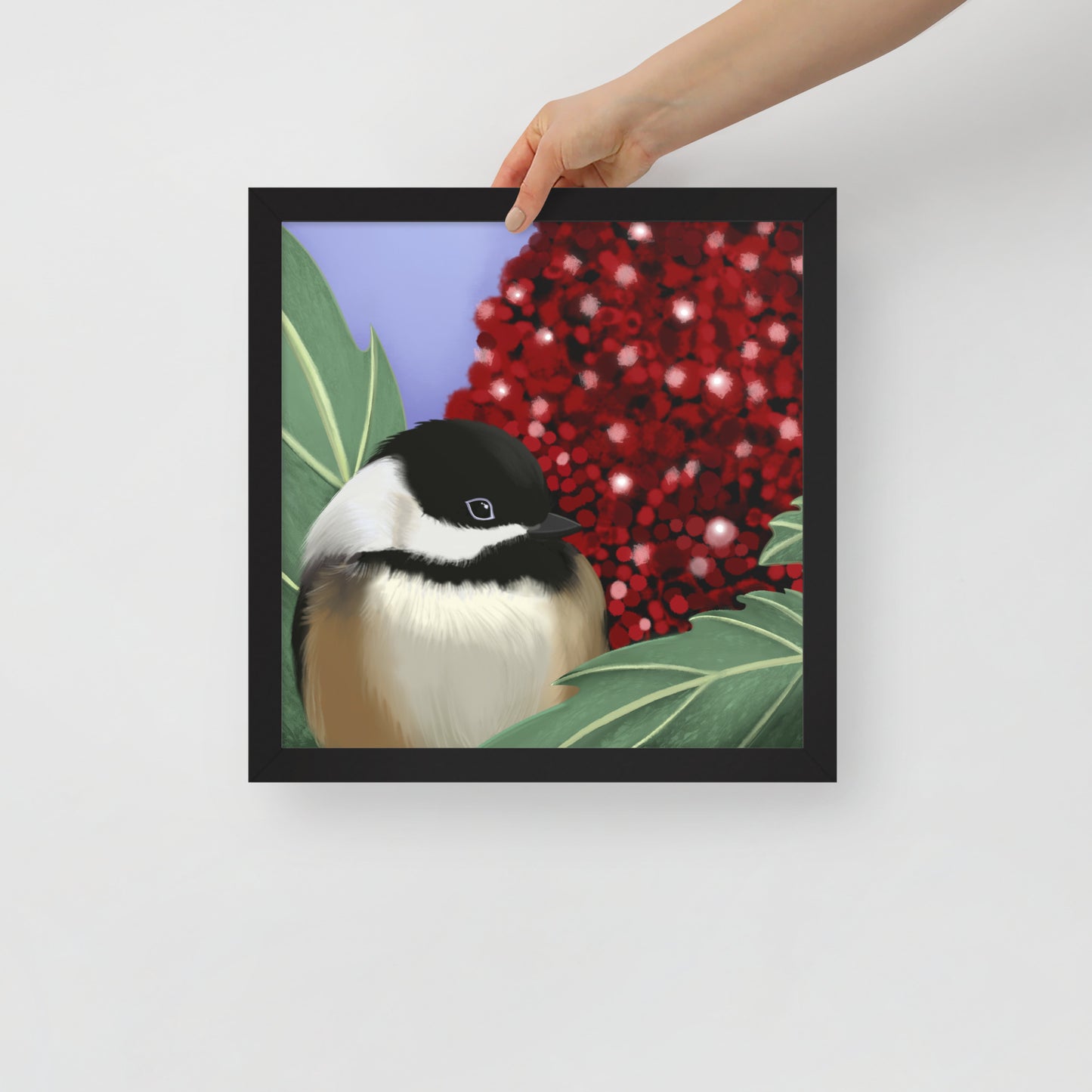 Chickadee & Sumac Tree Wall Art | Hand-Painted Bird Print | Nature Home Décor