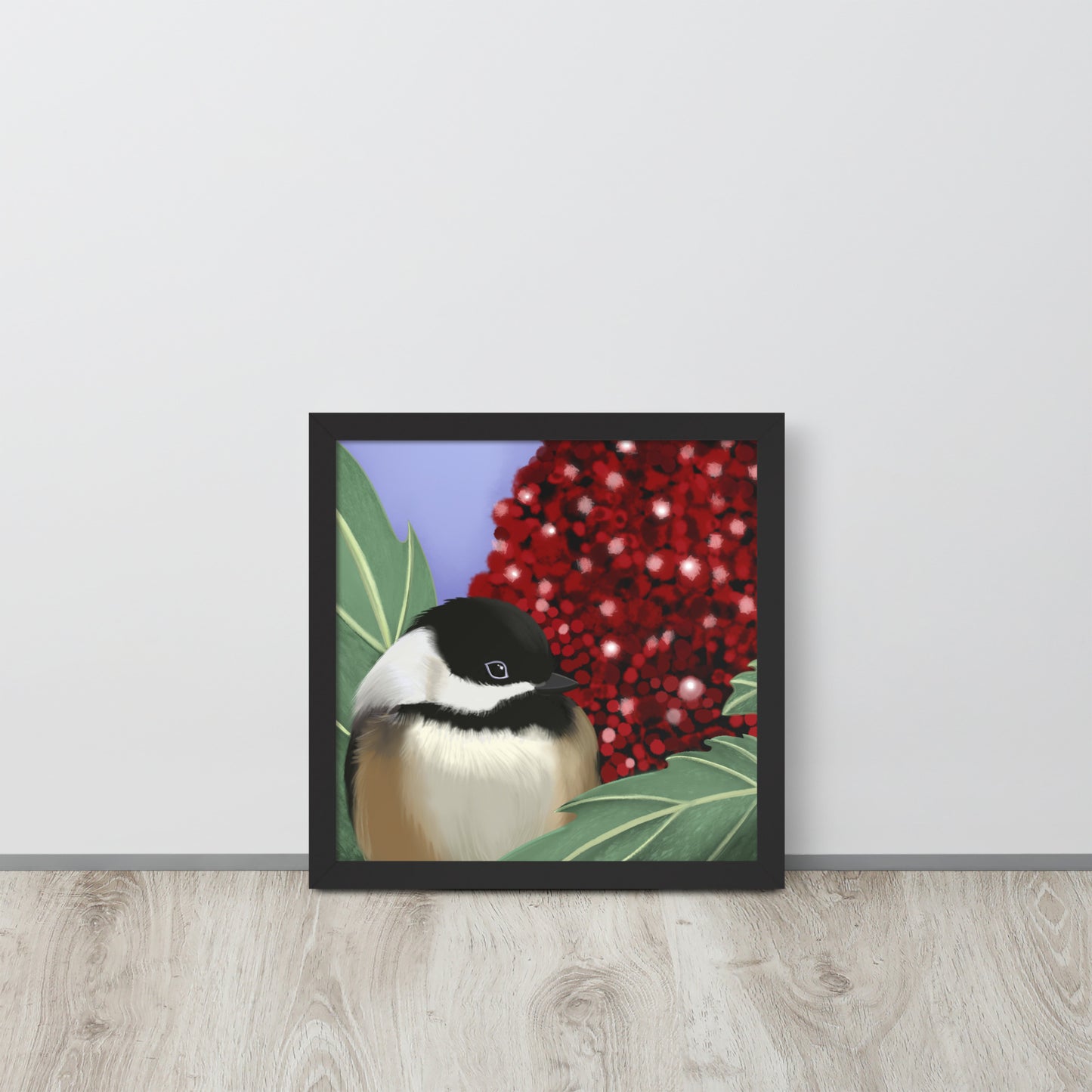 Chickadee & Sumac Tree Wall Art | Hand-Painted Bird Print | Nature Home Décor