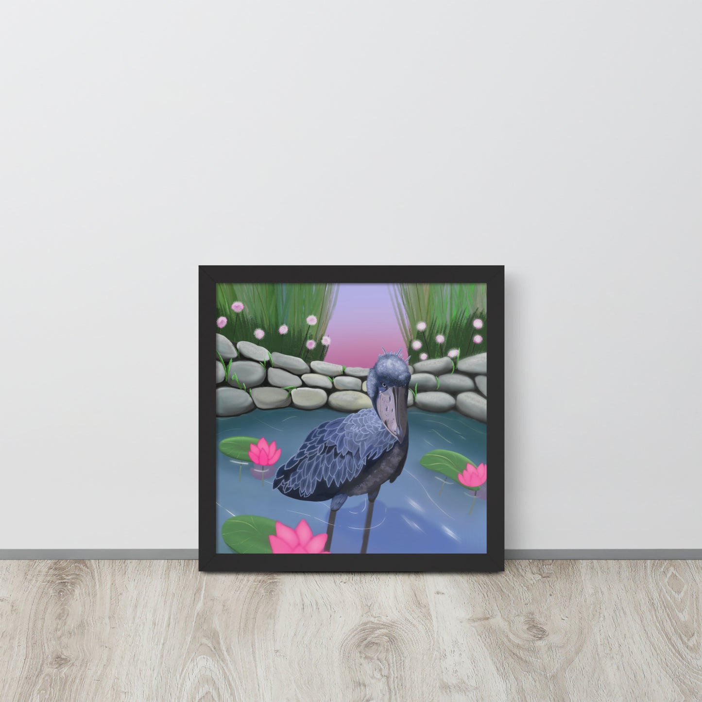 Shoebill Stork Wall Art | Hand-Painted Bird in Lotus Pond