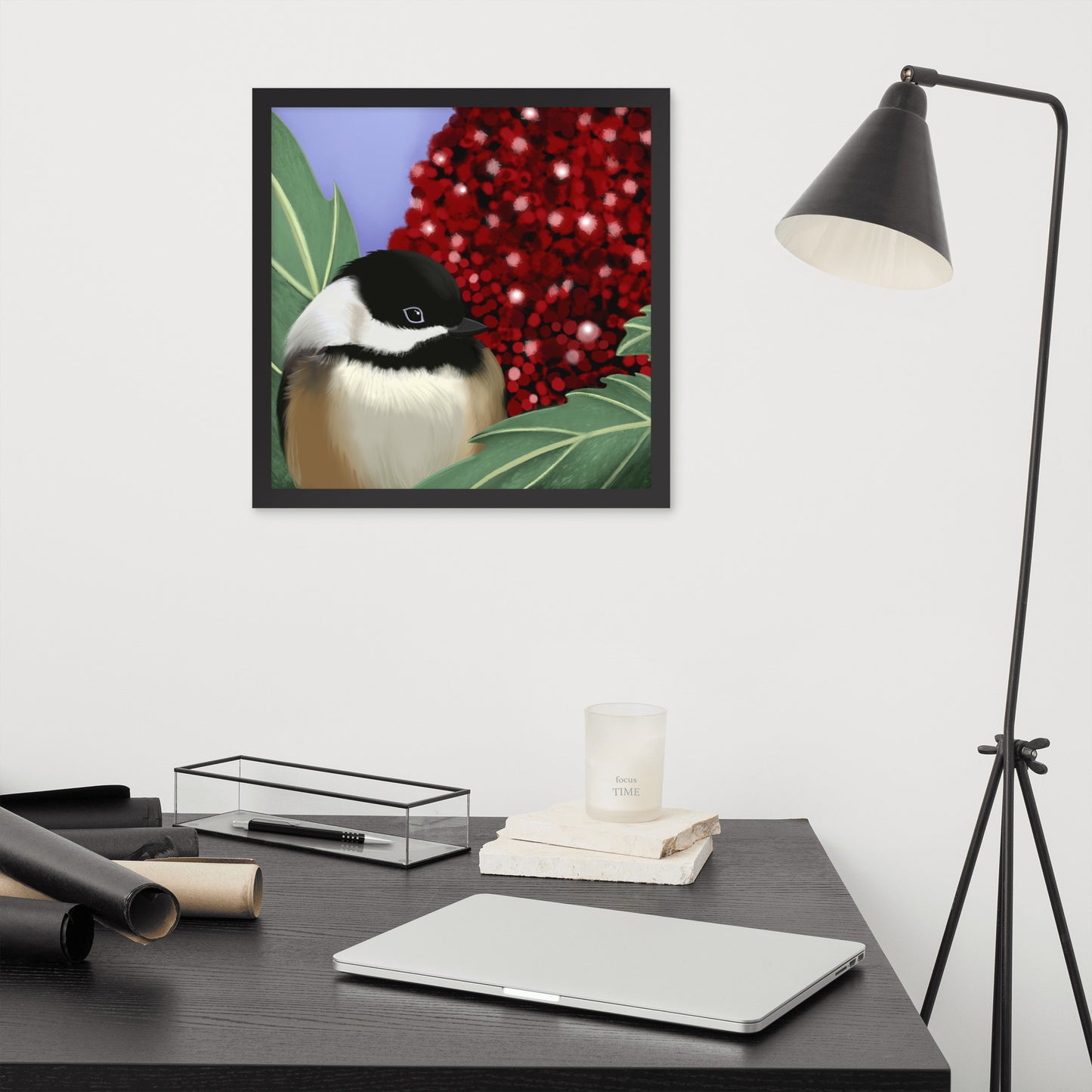 Chickadee & Sumac Tree Wall Art | Hand-Painted Bird Print | Nature Home Décor