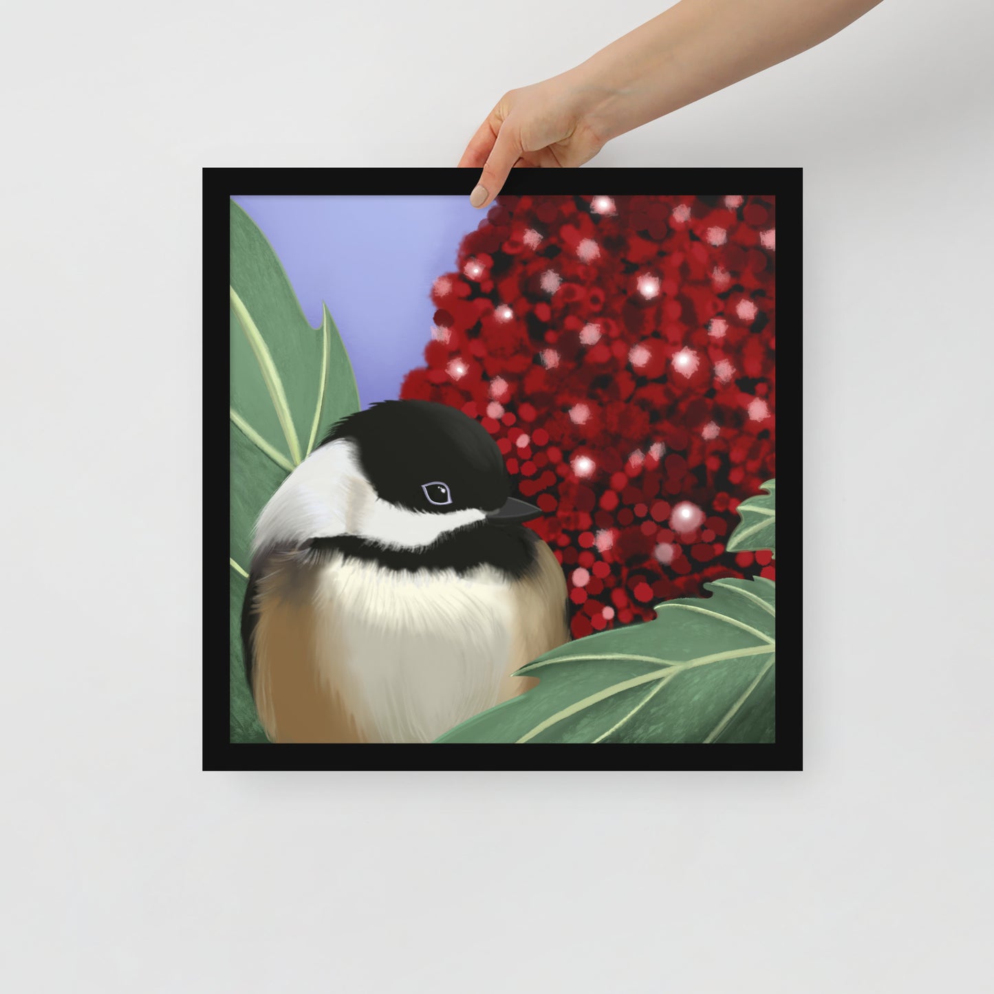 Chickadee & Sumac Tree Wall Art | Hand-Painted Bird Print | Nature Home Décor