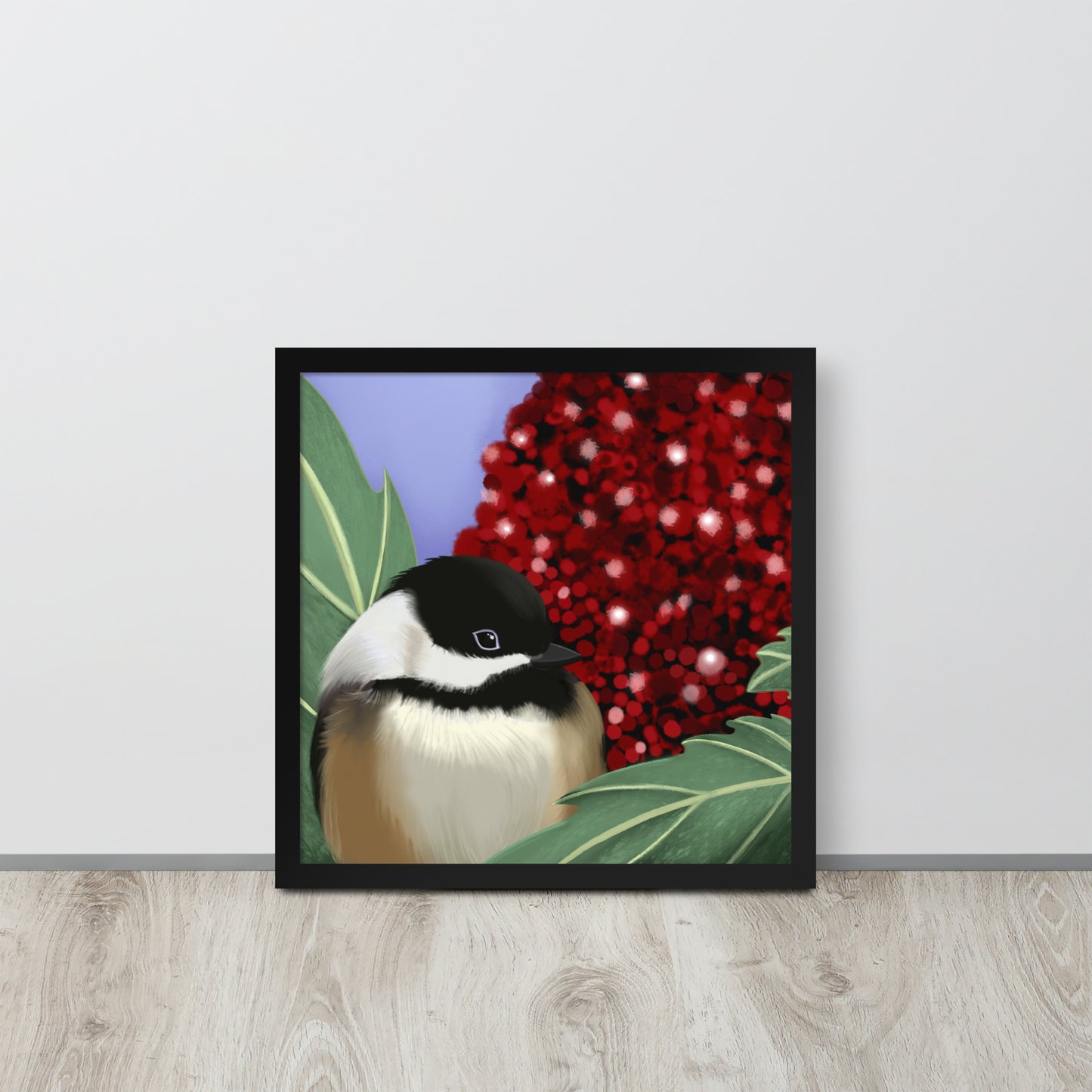 Chickadee & Sumac Tree Wall Art | Hand-Painted Bird Print | Nature Home Décor
