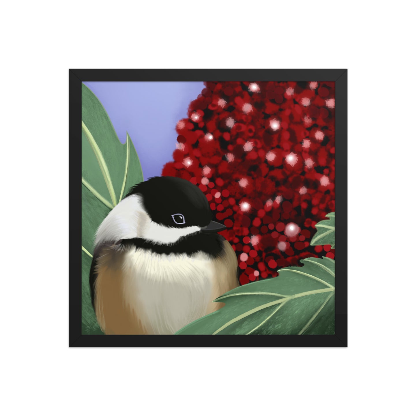 Chickadee & Sumac Tree Wall Art | Hand-Painted Bird Print | Nature Home Décor