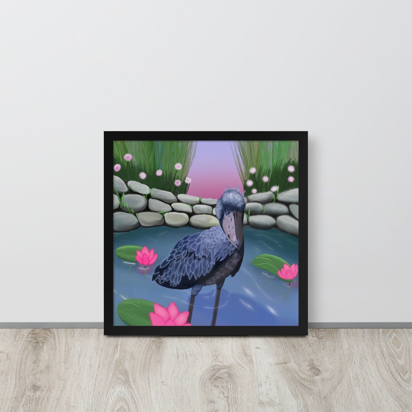 Shoebill Stork Wall Art | Hand-Painted Bird in Lotus Pond