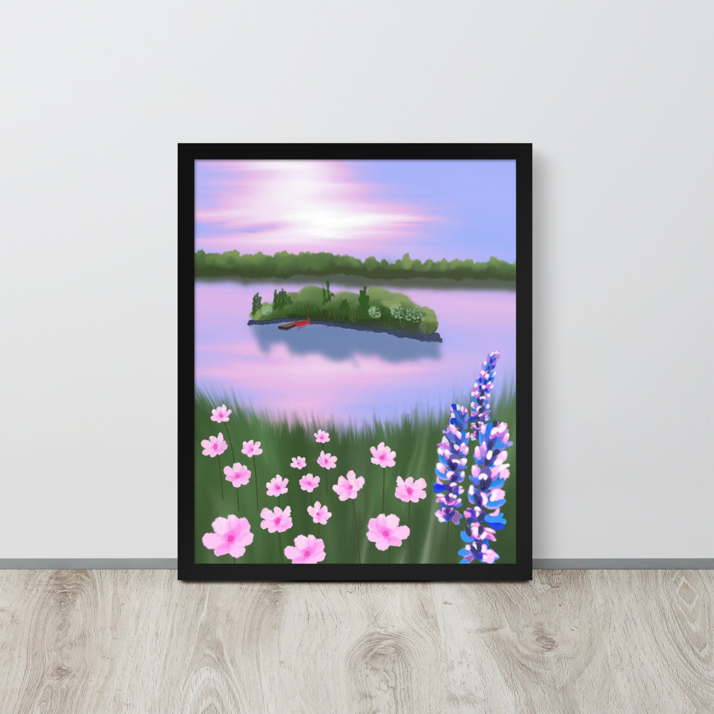 Red Canoe at Sunset – Lake Landscape Wall Art Print