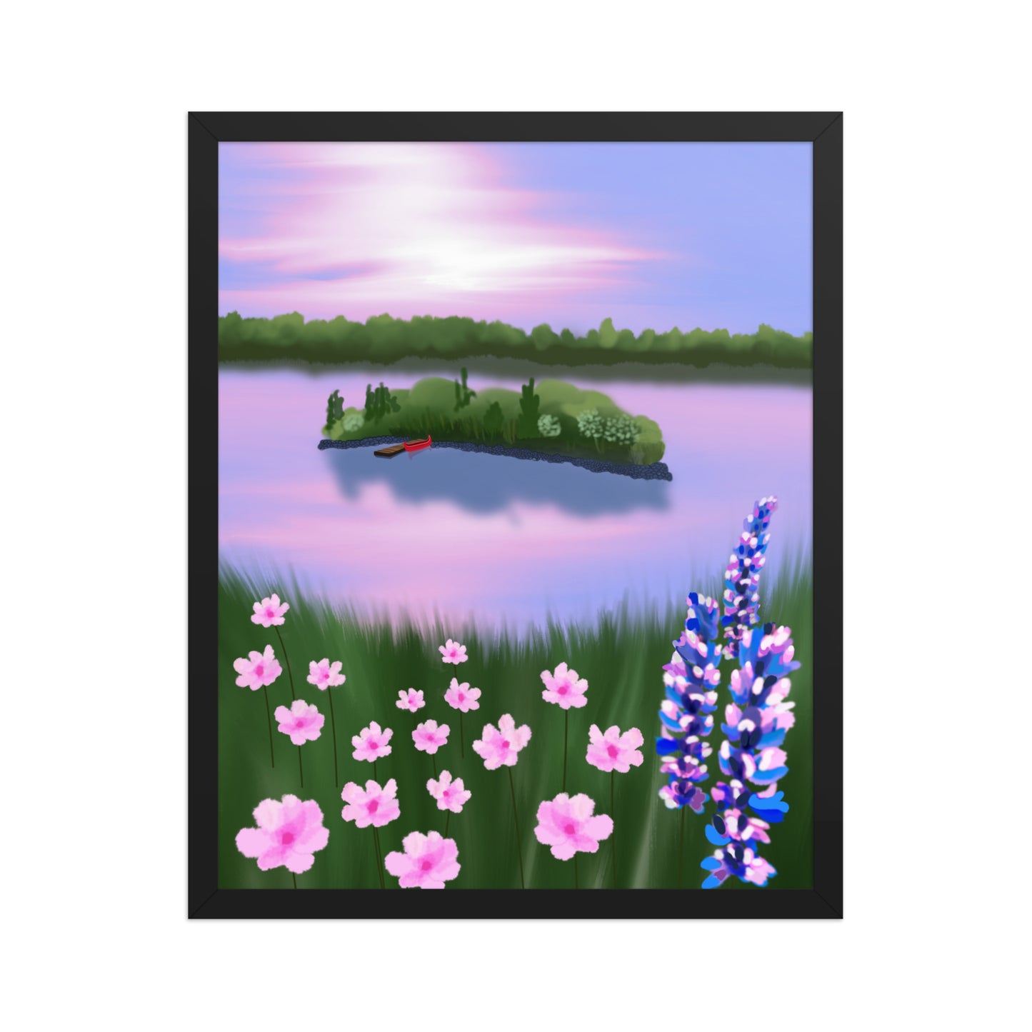 Red Canoe at Sunset – Lake Landscape Wall Art Print