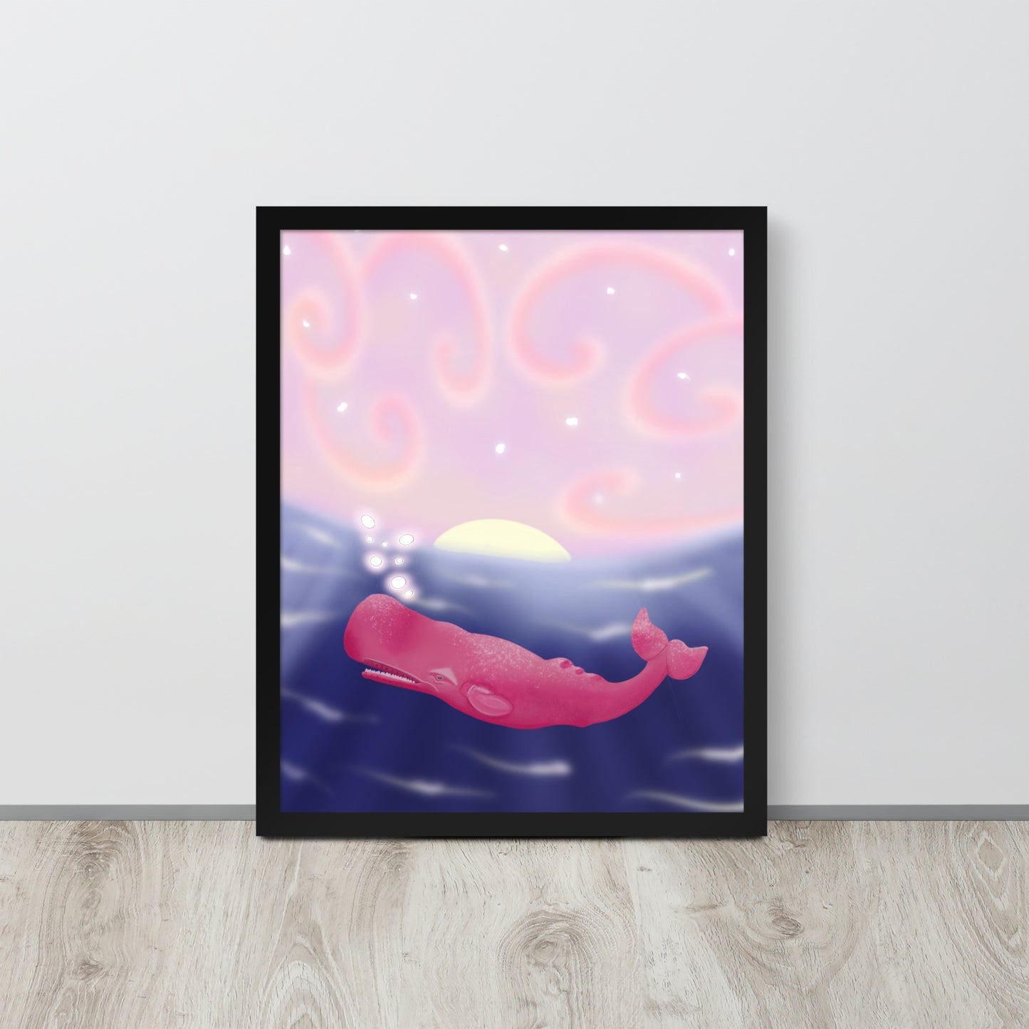 Pink Whale at Sunset Wall Art | Hand-Painted Ocean Print – Framed or Unframed