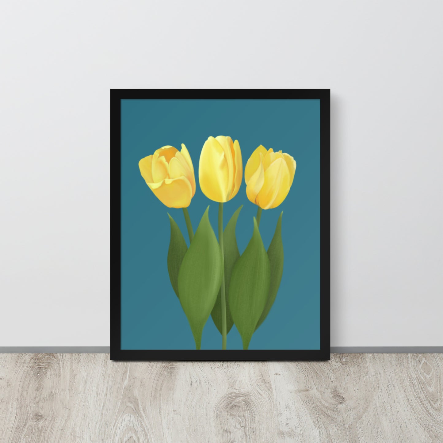 Yellow Tulip Floral Wall Art Print | Hand-Painted Botanical Decor on Teal