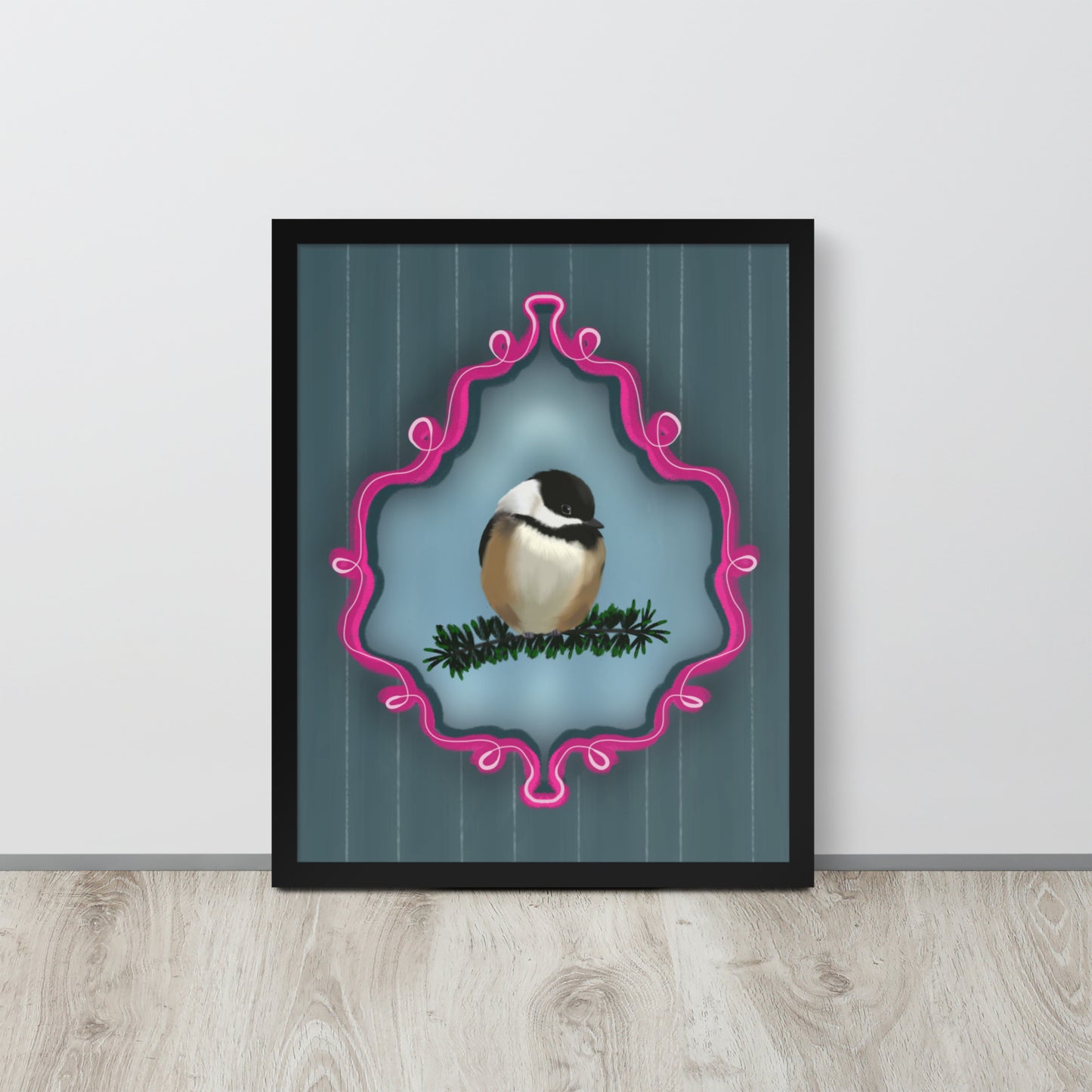 Chickadee on Pine Branch Wall Art | Whimsical Bird Print | Dark Blue Pinstripe