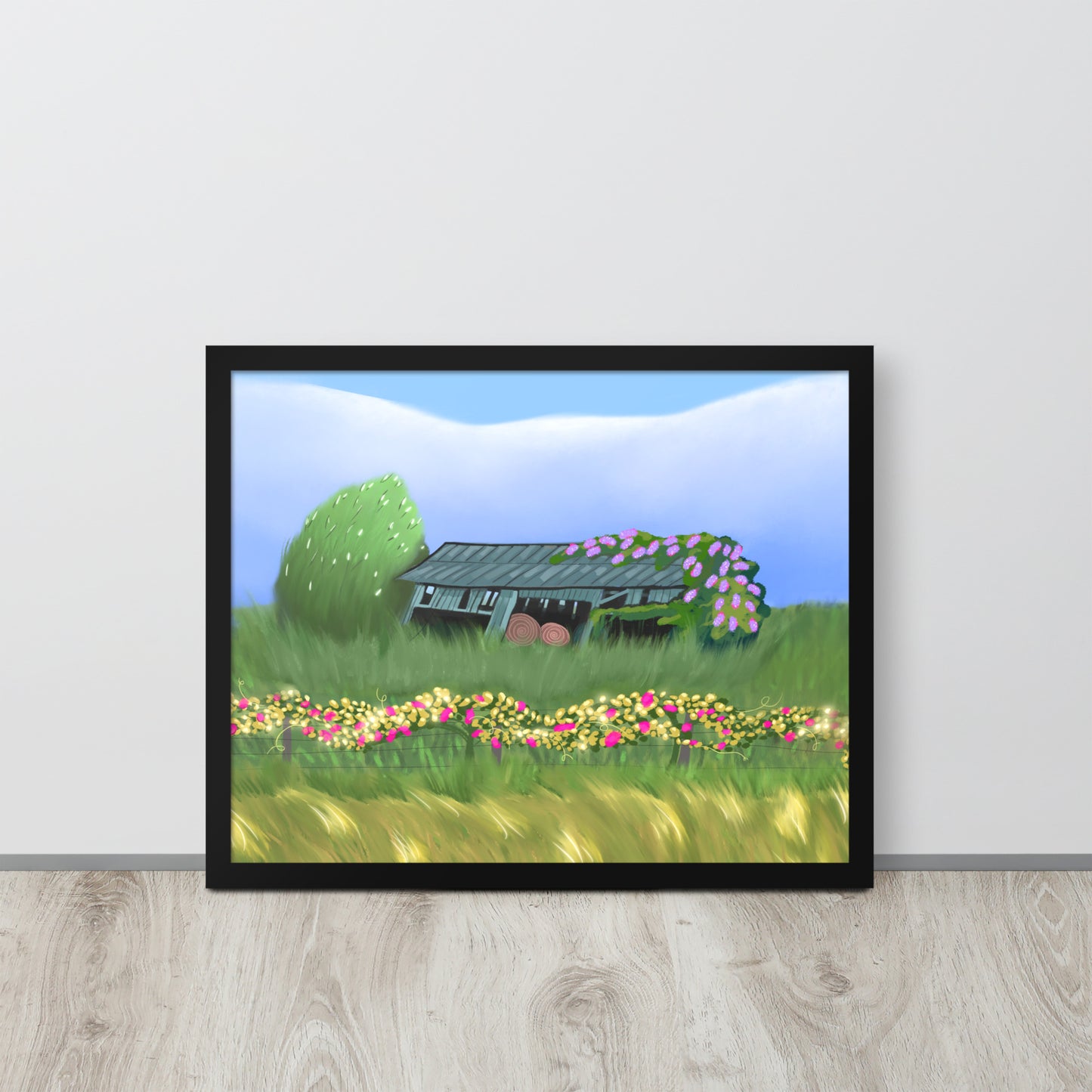 Countryside Barn & Lilac Florals Wall Art Print | Rustic Landscape Poster