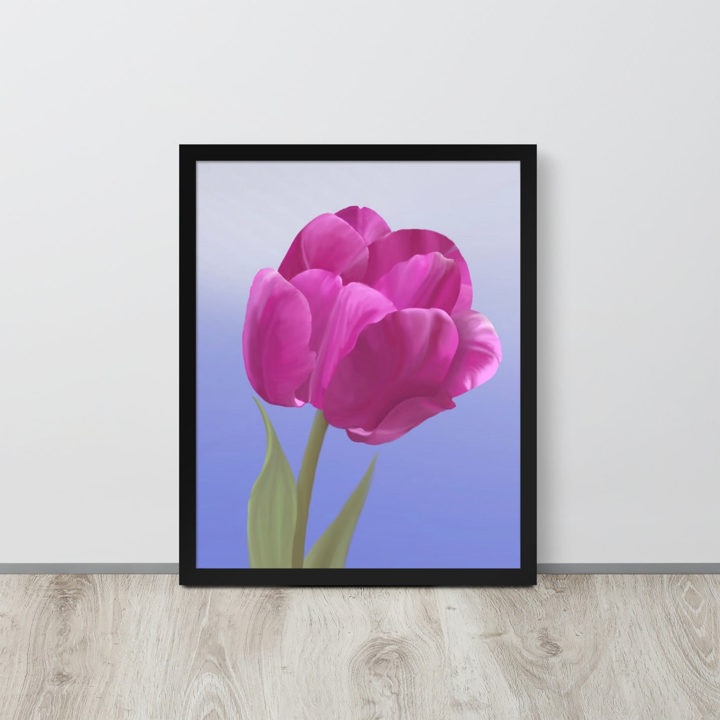 Fuchsia Tulip Wall Art | Hand-Painted Botanical Print on Blue