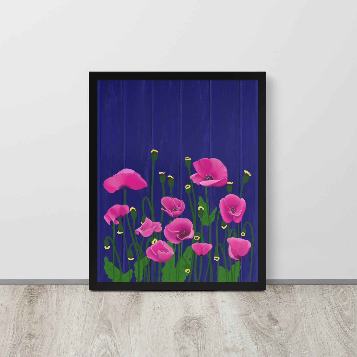 Pink Poppy Garden Wall Art | Framed Prints & Posters | Blue Fence Floral Decor