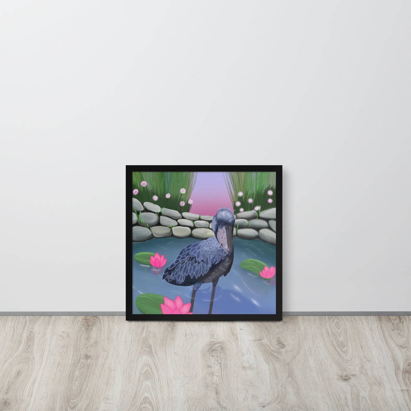 Shoebill Stork Wall Art | Hand-Painted Bird in Lotus Pond