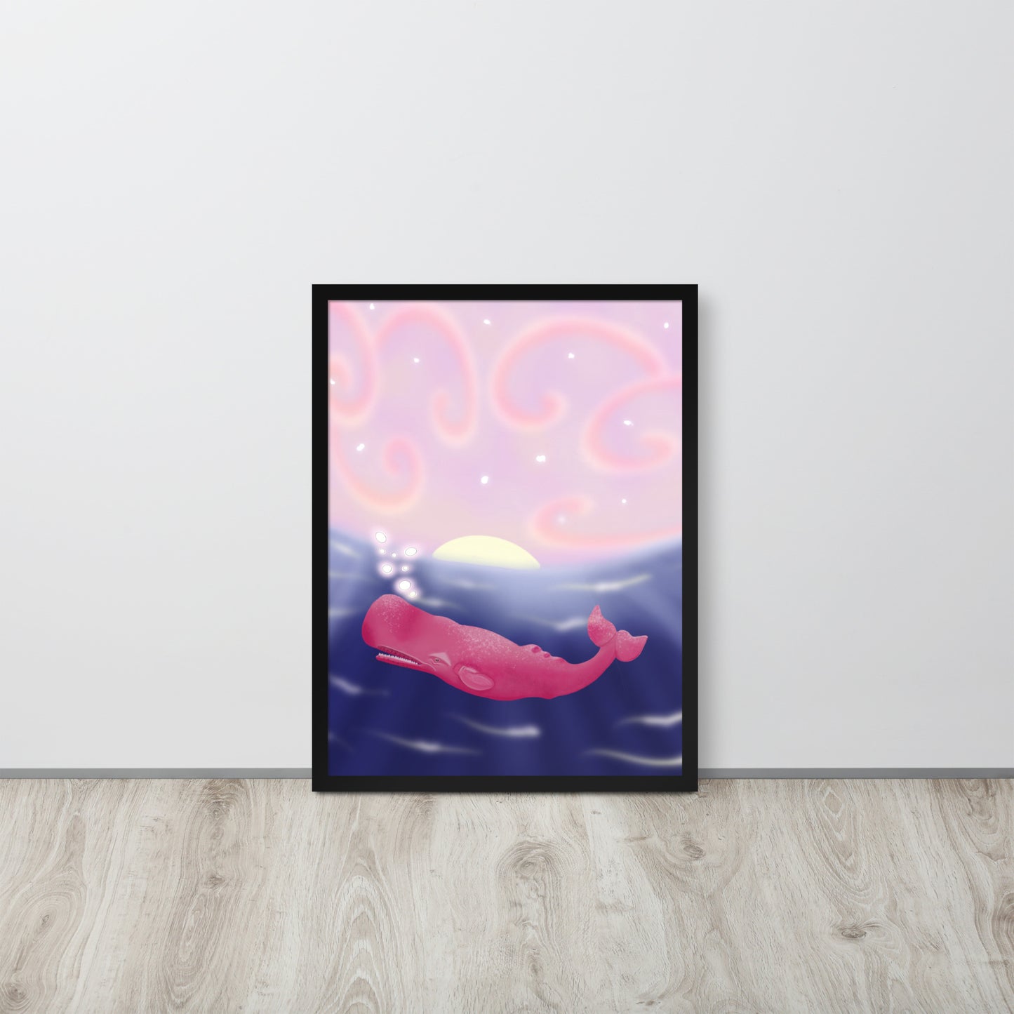 Pink Whale at Sunset Wall Art | Hand-Painted Ocean Print – Framed or Unframed