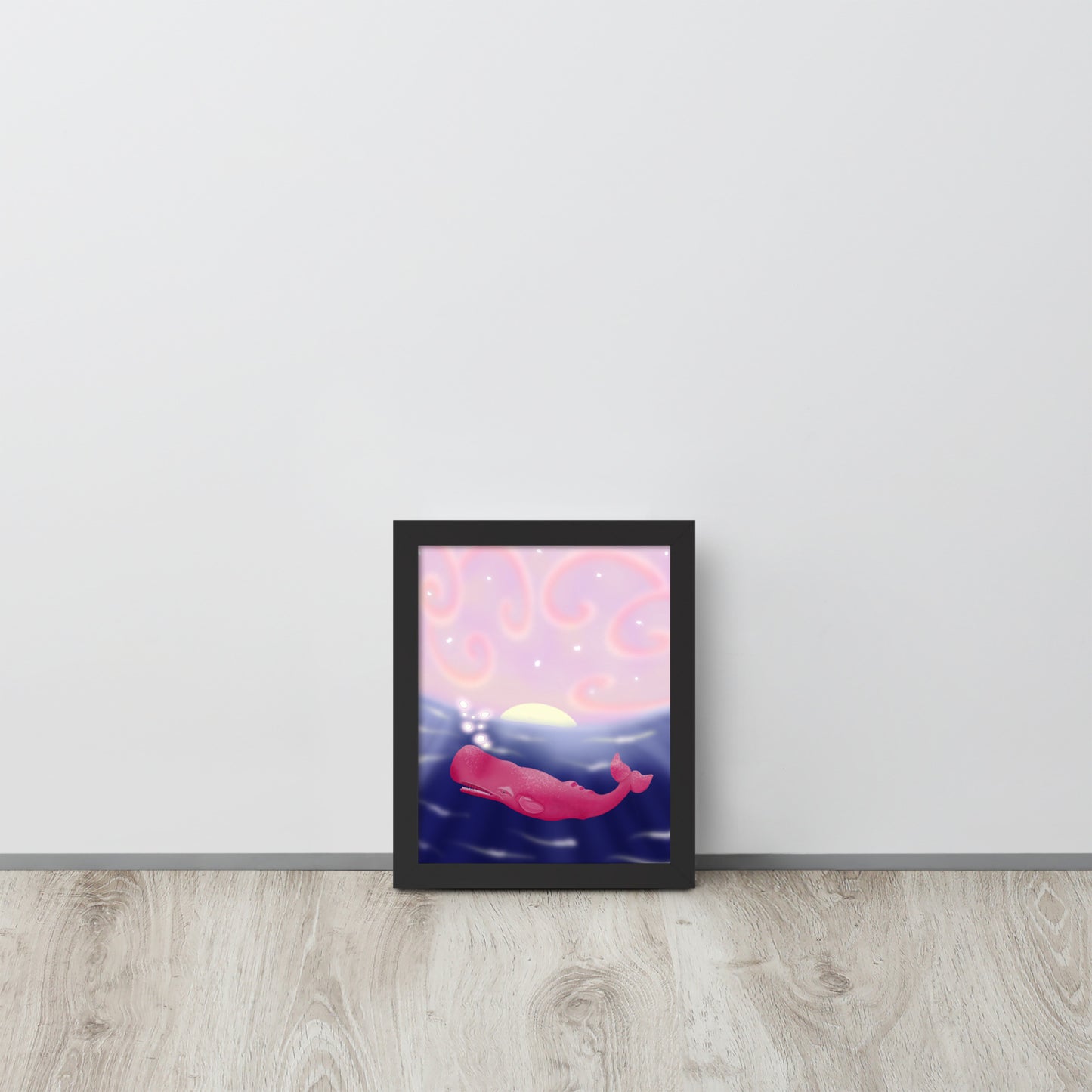 Pink Whale at Sunset Wall Art | Hand-Painted Ocean Print – Framed or Unframed