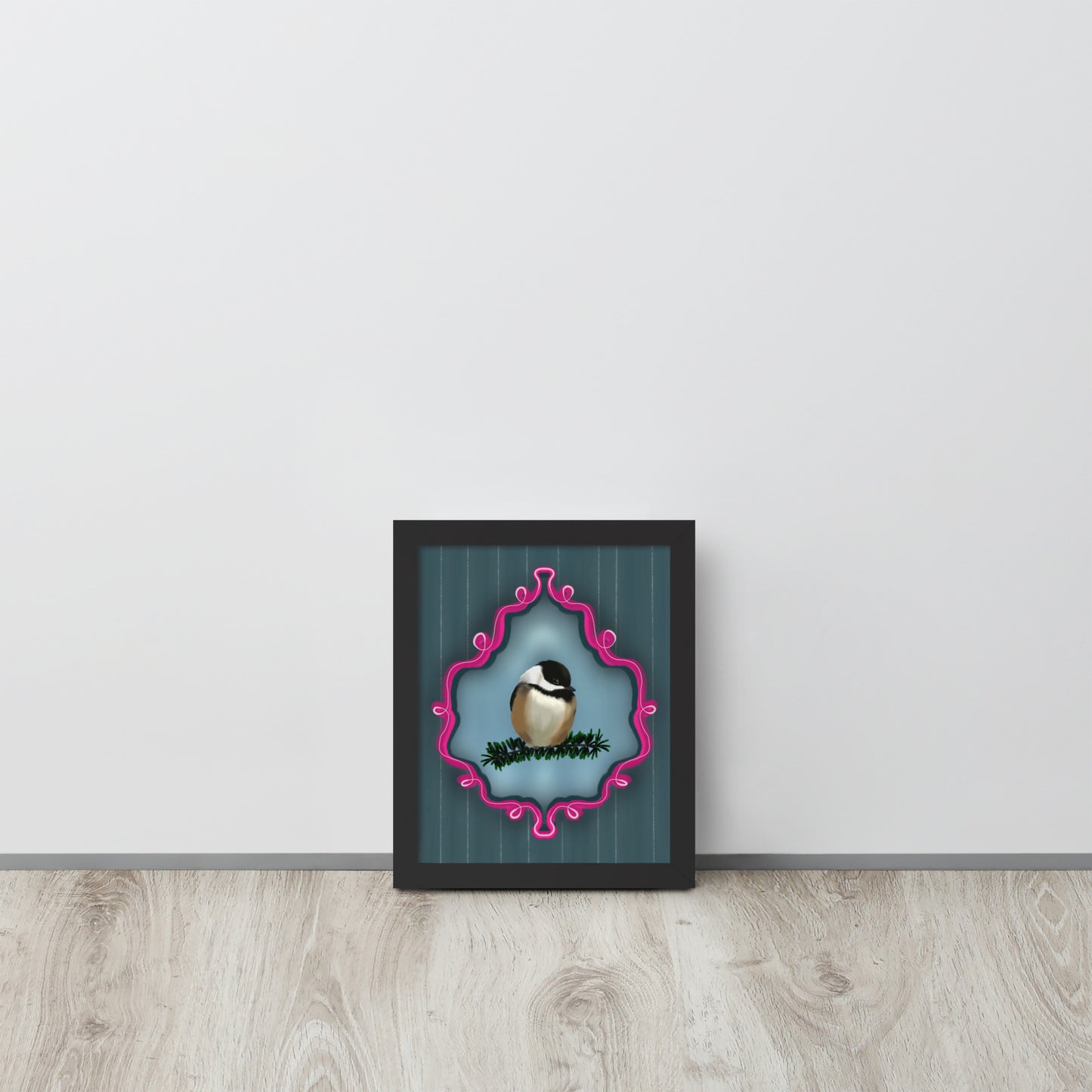 Chickadee on Pine Branch Wall Art | Whimsical Bird Print | Dark Blue Pinstripe