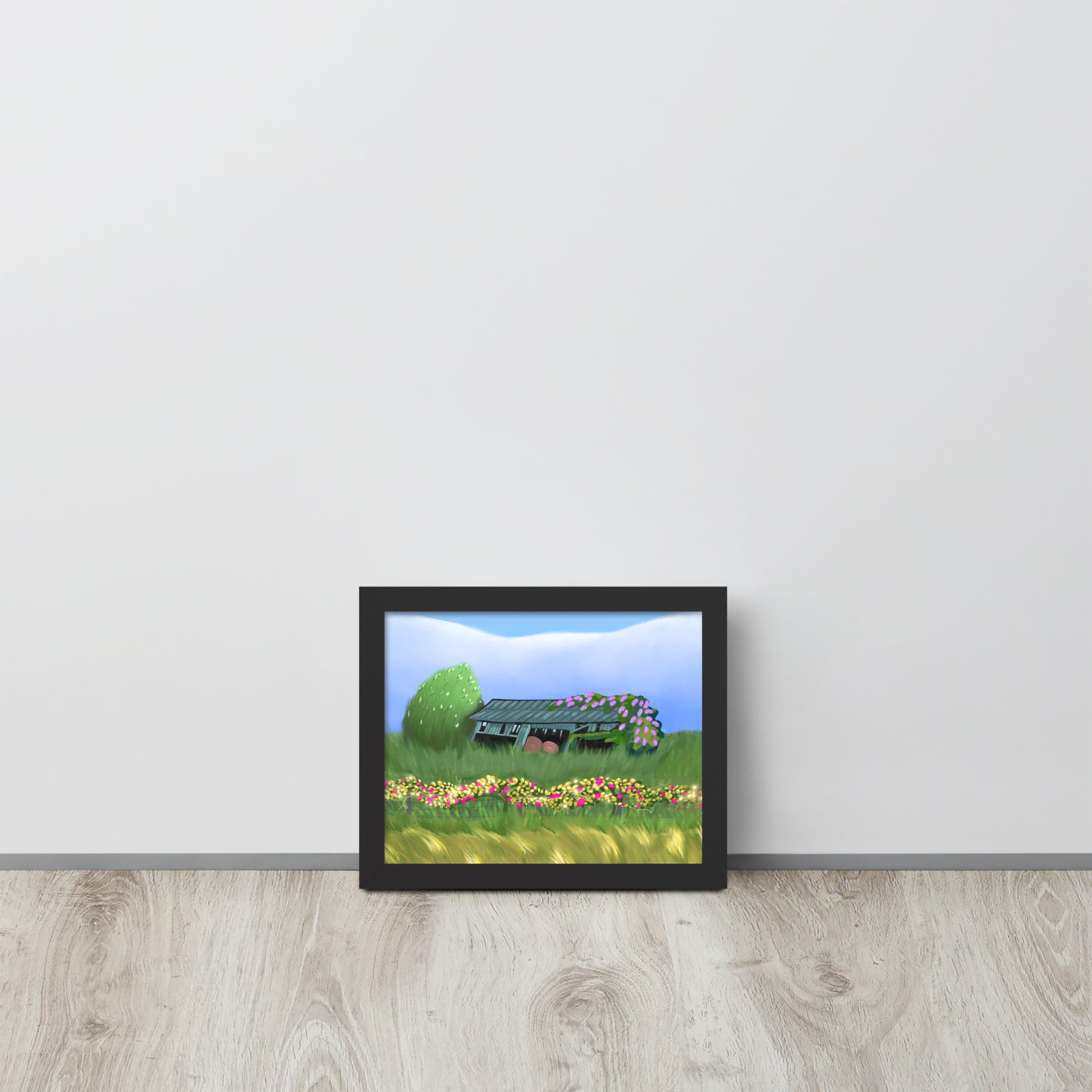 Countryside Barn & Lilac Florals Wall Art Print | Rustic Landscape Poster
