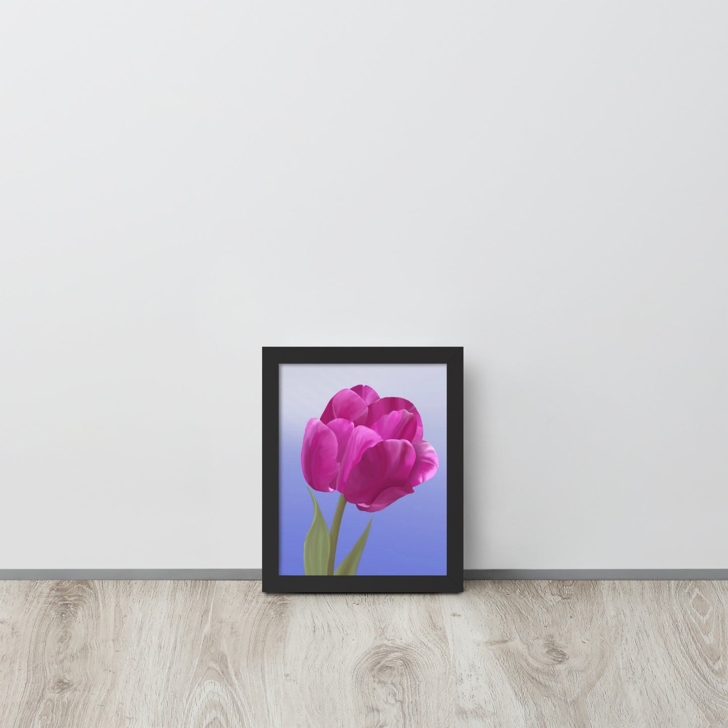 Fuchsia Tulip Wall Art | Hand-Painted Botanical Print on Blue