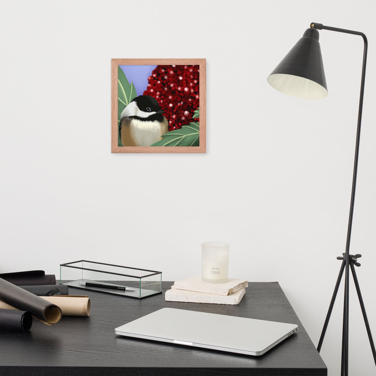 Chickadee & Sumac Tree Wall Art | Hand-Painted Bird Print | Nature Home Décor