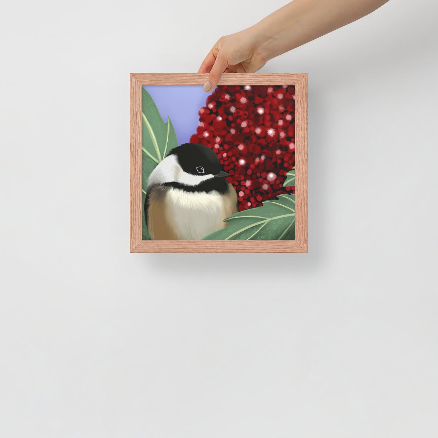 Chickadee & Sumac Tree Wall Art | Hand-Painted Bird Print | Nature Home Décor