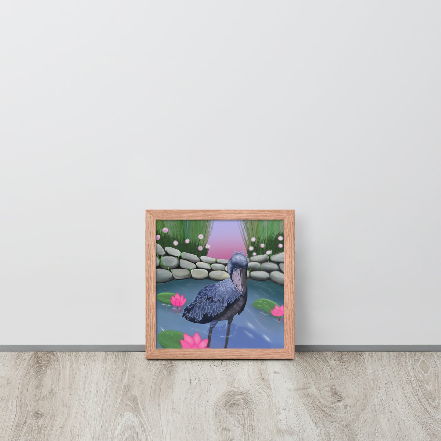 Shoebill Stork Wall Art | Hand-Painted Bird in Lotus Pond