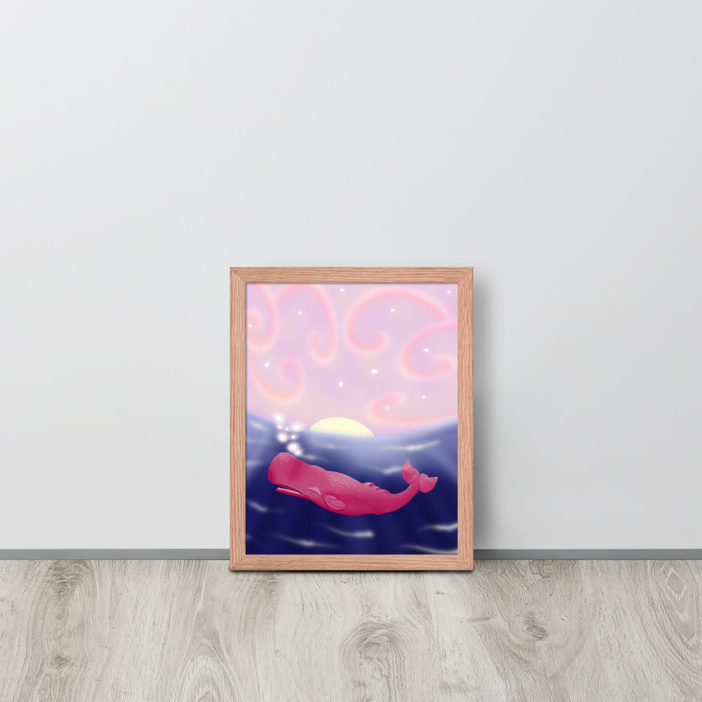 Pink Whale at Sunset Wall Art | Hand-Painted Ocean Print – Framed or Unframed