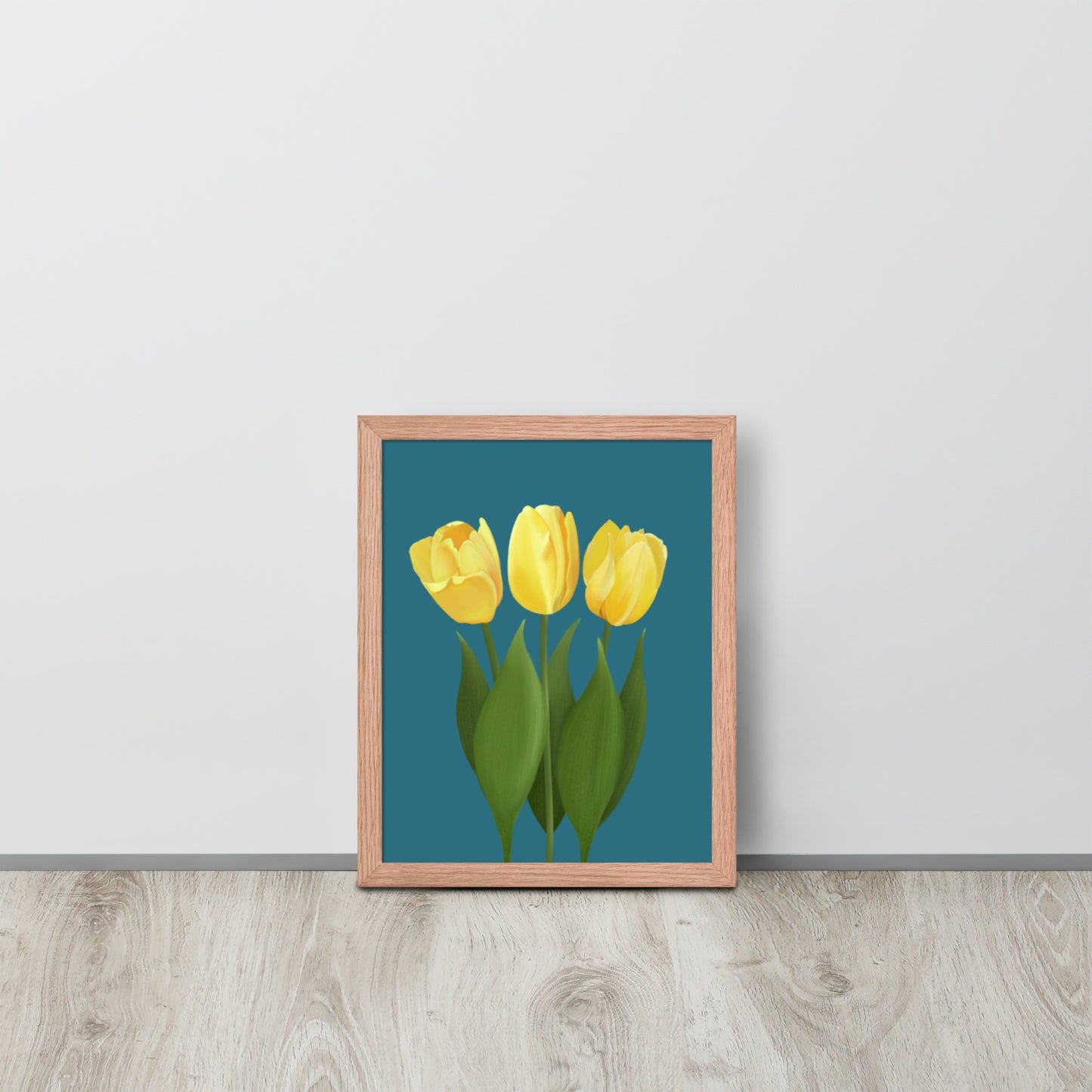Yellow Tulip Floral Wall Art Print | Hand-Painted Botanical Decor on Teal