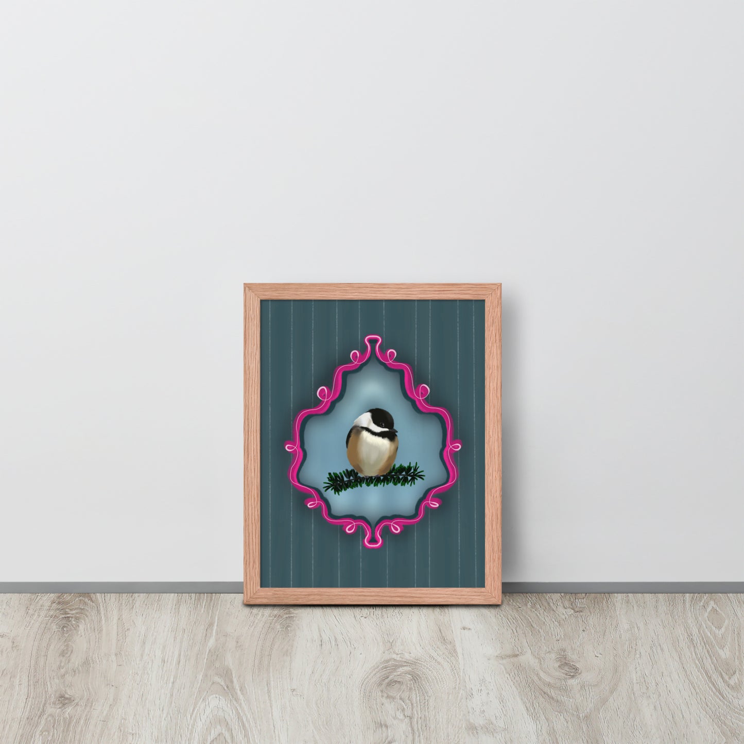 Chickadee on Pine Branch Wall Art | Whimsical Bird Print | Dark Blue Pinstripe