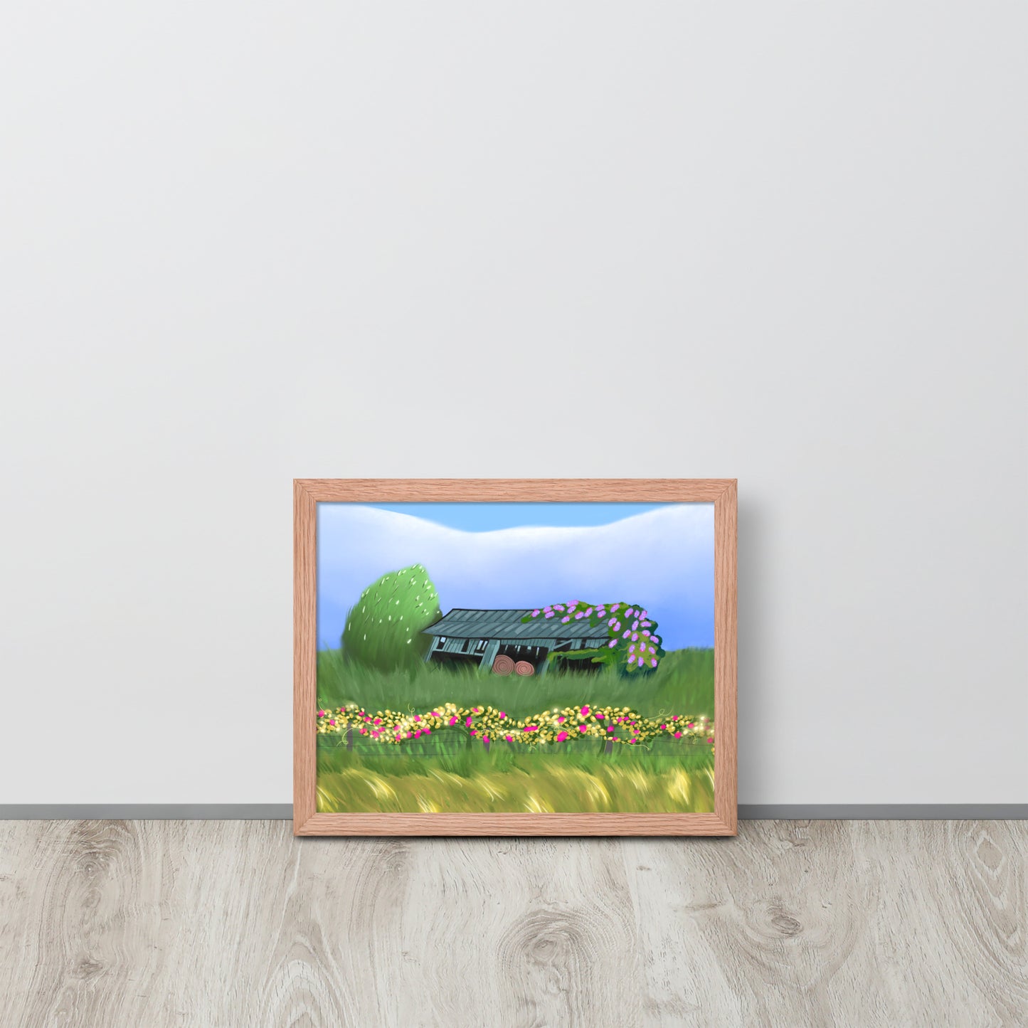 Countryside Barn & Lilac Florals Wall Art Print | Rustic Landscape Poster