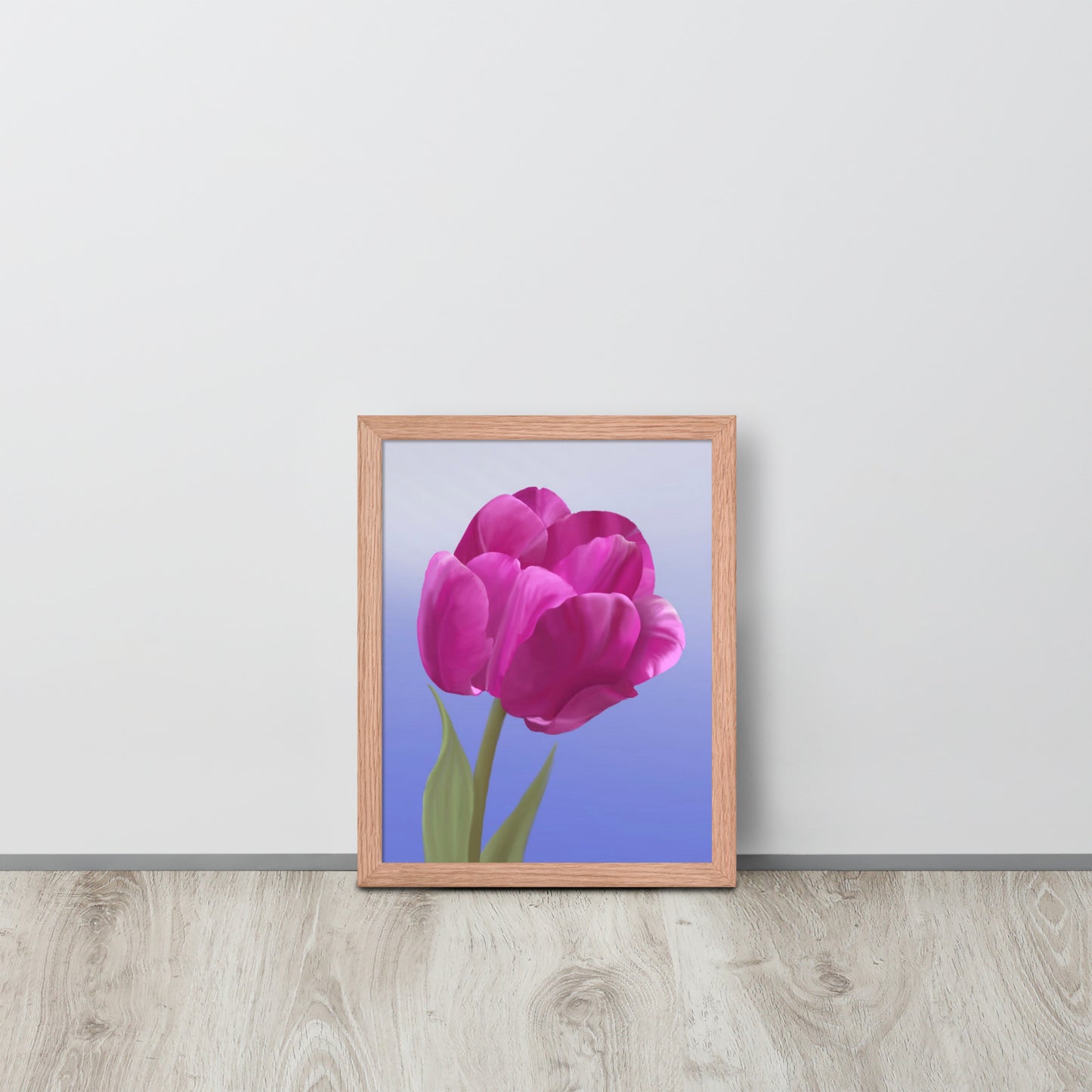 Fuchsia Tulip Wall Art | Hand-Painted Botanical Print on Blue