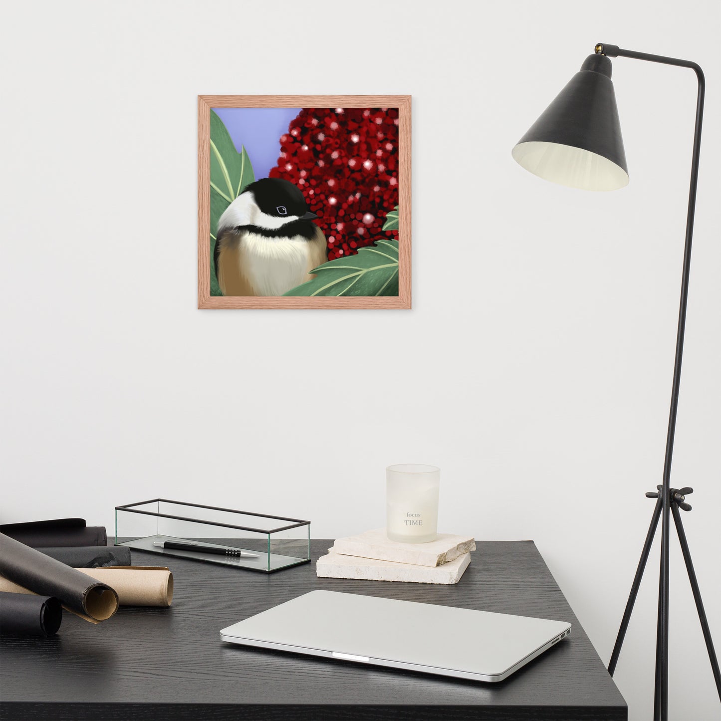 Chickadee & Sumac Tree Wall Art | Hand-Painted Bird Print | Nature Home Décor