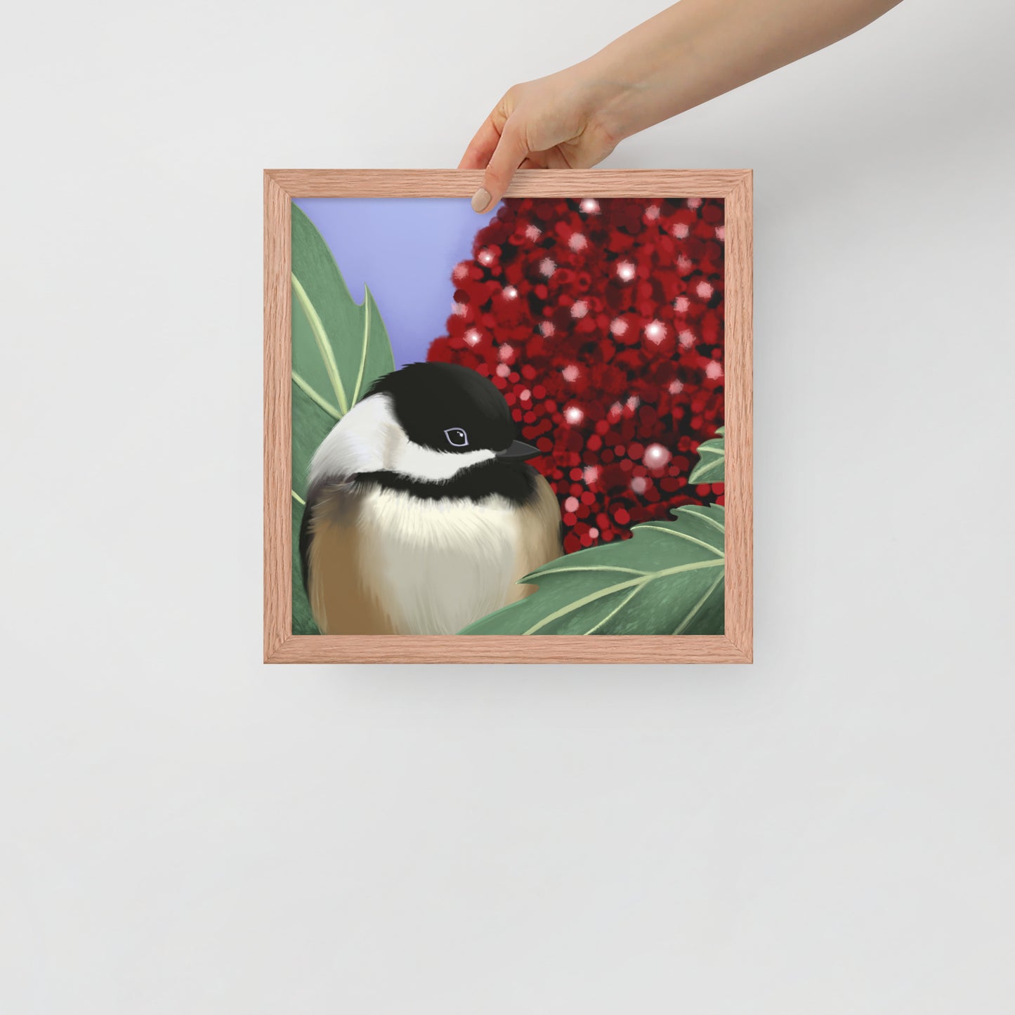 Chickadee & Sumac Tree Wall Art | Hand-Painted Bird Print | Nature Home Décor