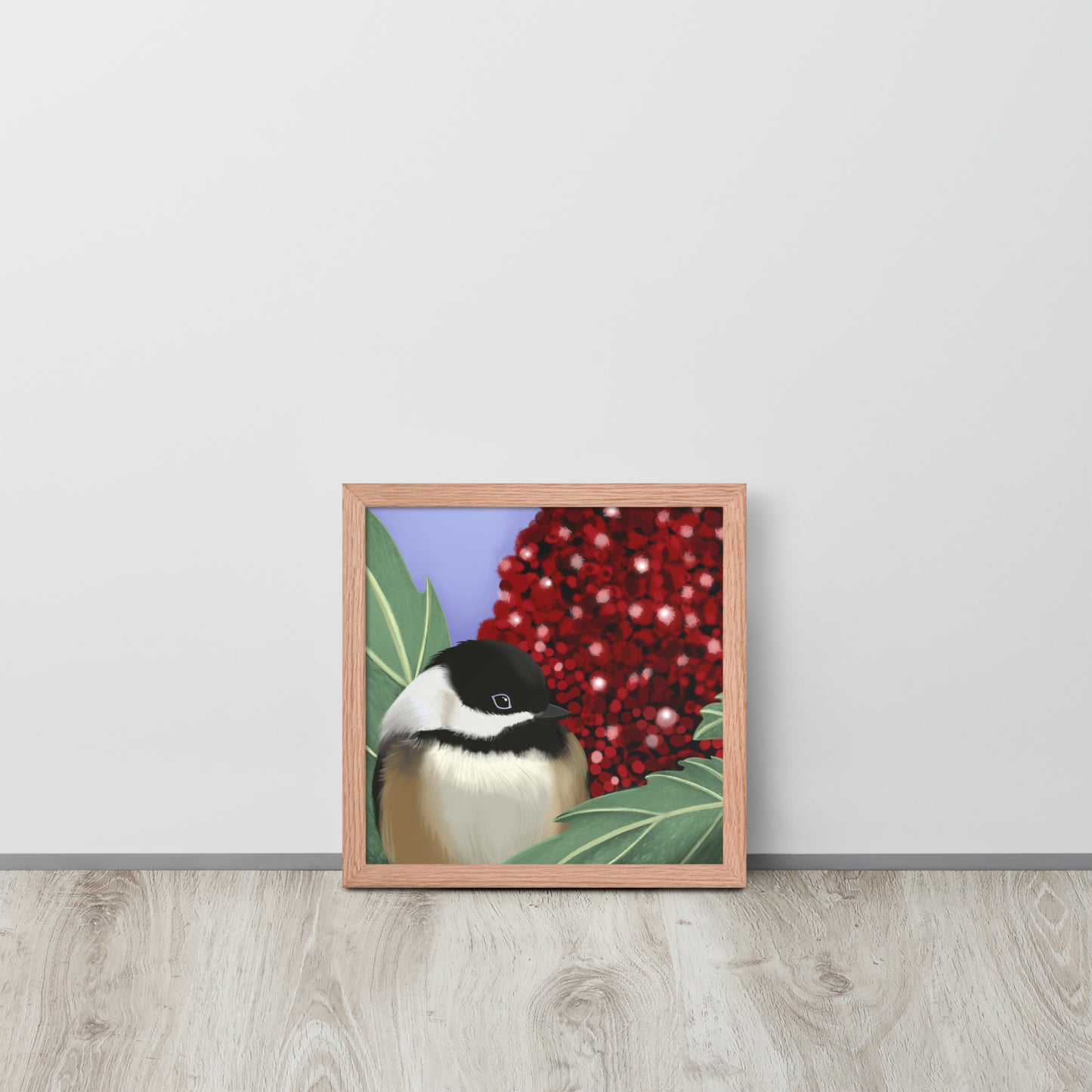 Chickadee & Sumac Tree Wall Art | Hand-Painted Bird Print | Nature Home Décor