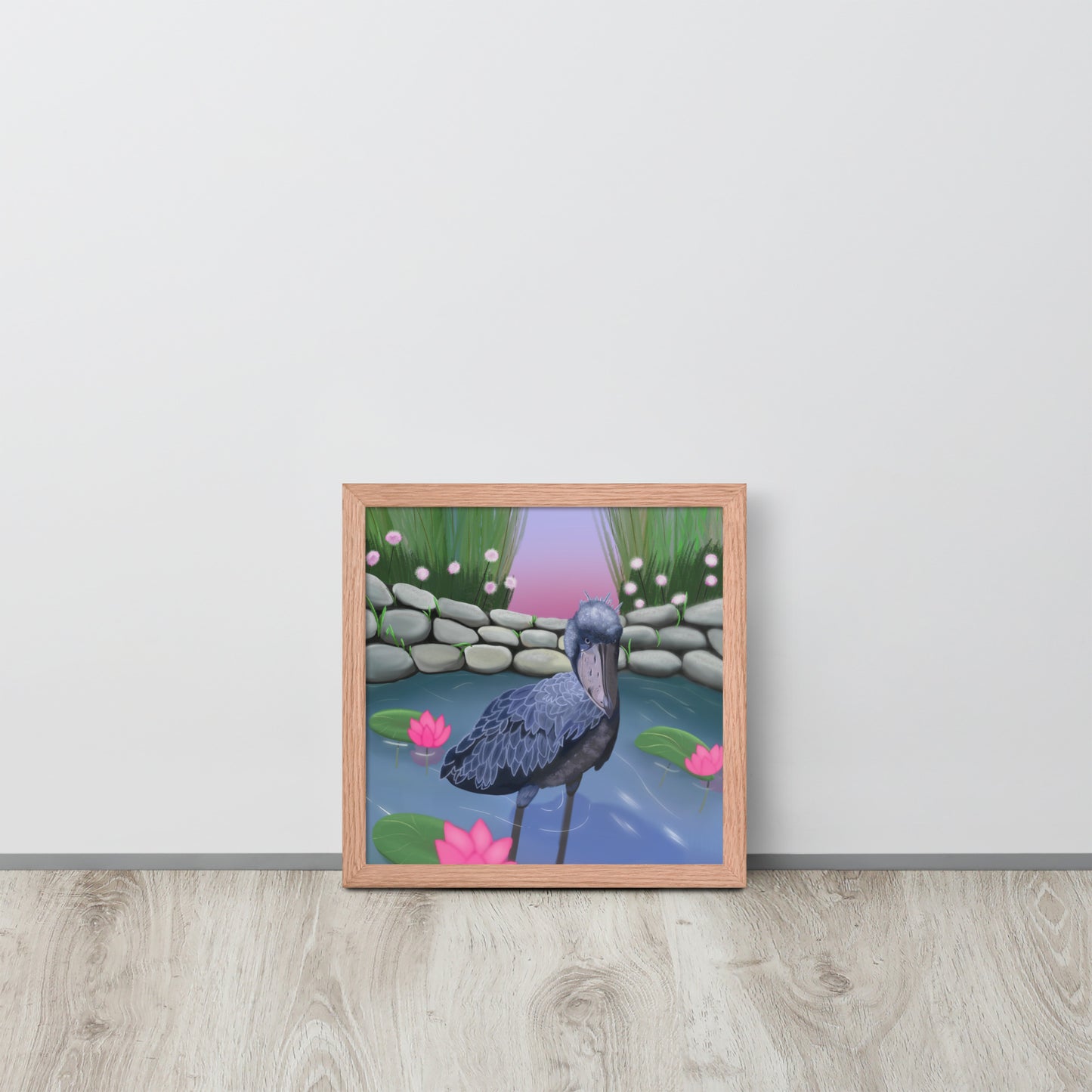 Shoebill Stork Wall Art | Hand-Painted Bird in Lotus Pond