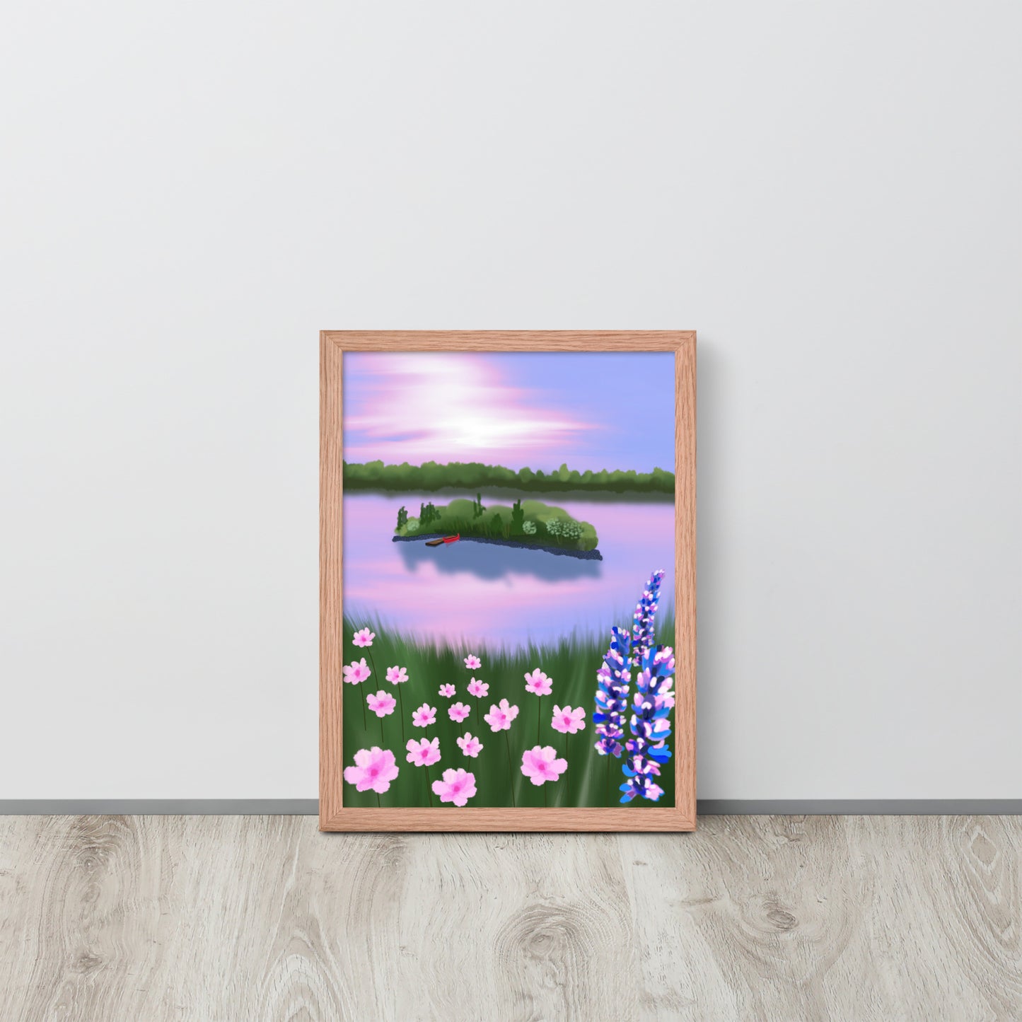 Red Canoe at Sunset – Lake Landscape Wall Art Print