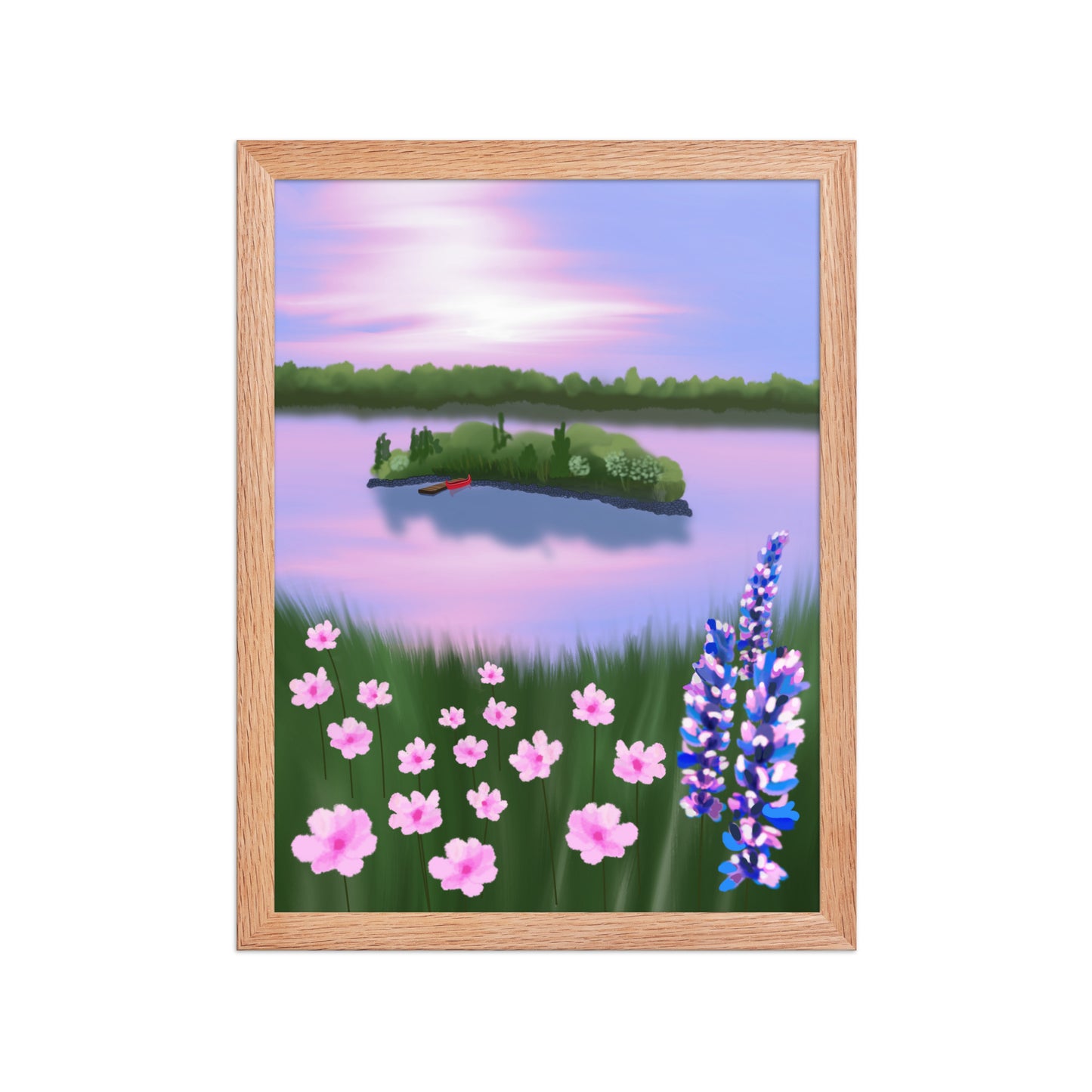 Red Canoe at Sunset – Lake Landscape Wall Art Print