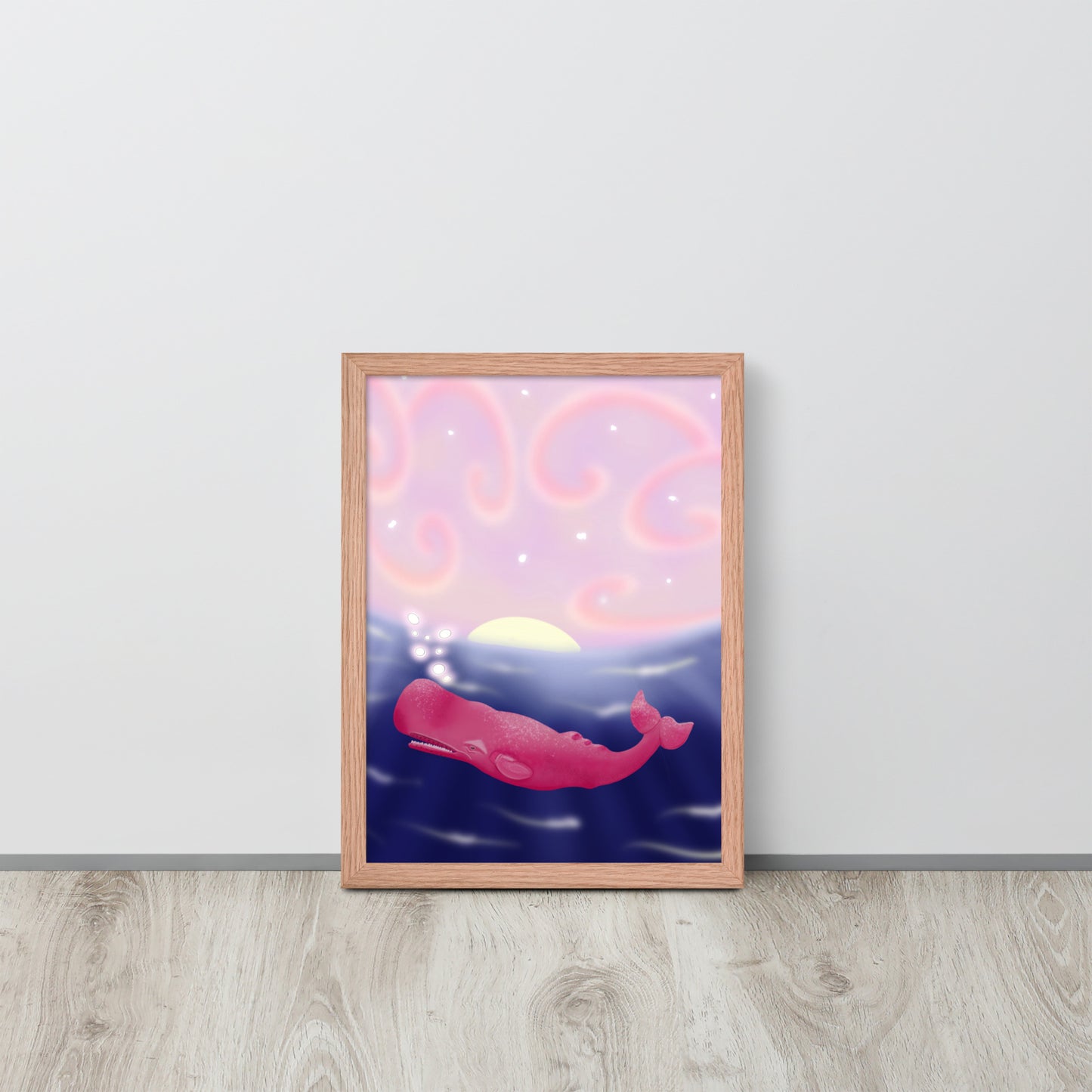 Pink Whale at Sunset Wall Art | Hand-Painted Ocean Print – Framed or Unframed