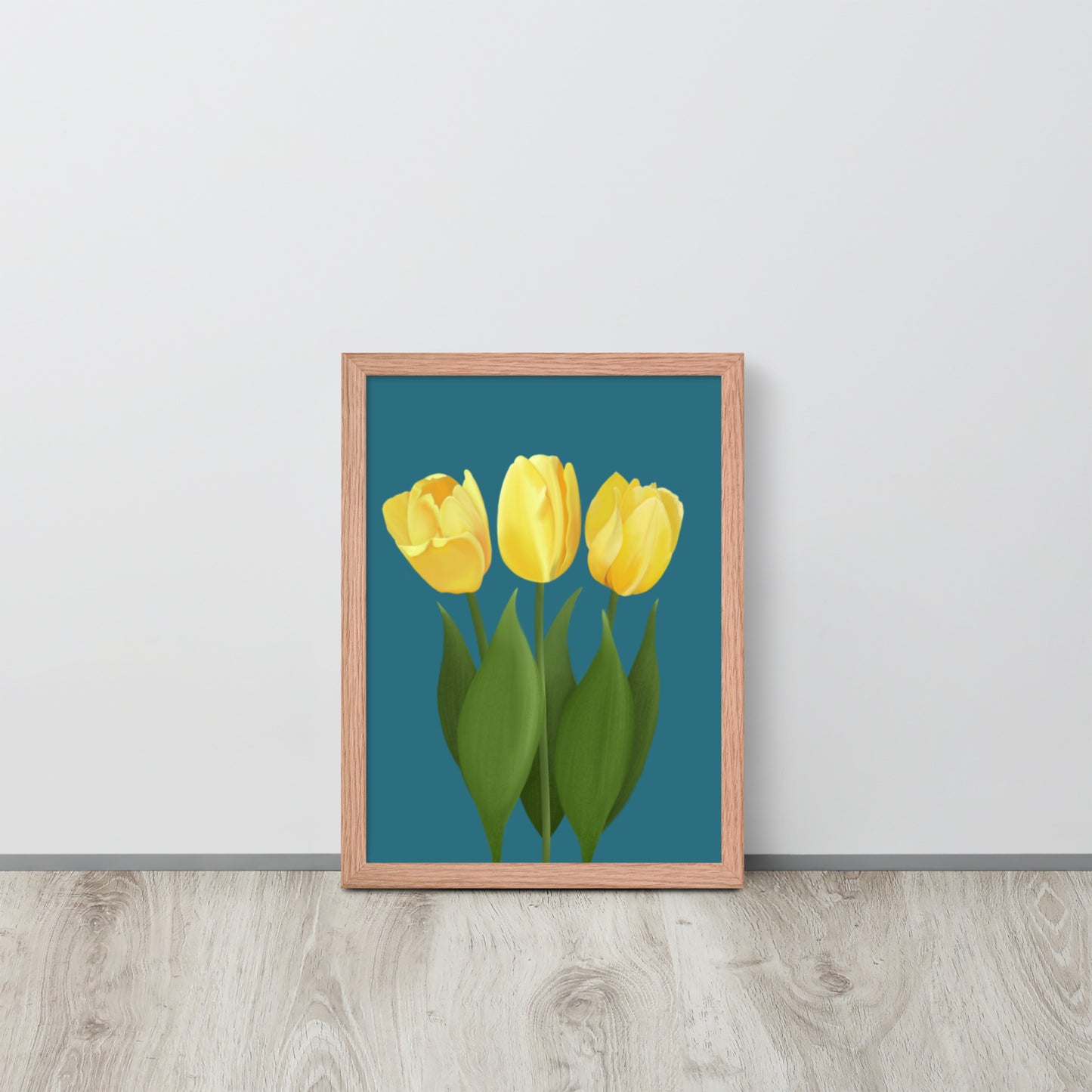 Yellow Tulip Floral Wall Art Print | Hand-Painted Botanical Decor on Teal